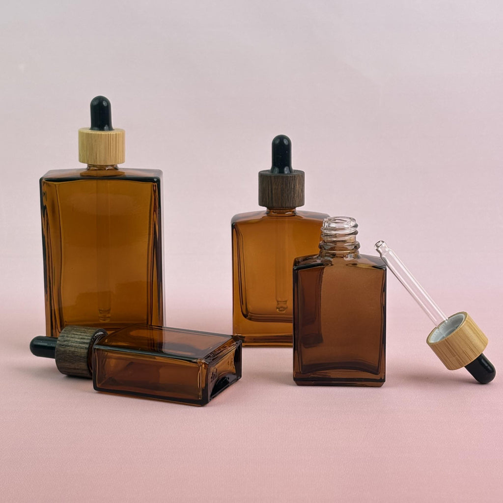 Empty Amber Glass Cosmetic Containers with Wooden Cap