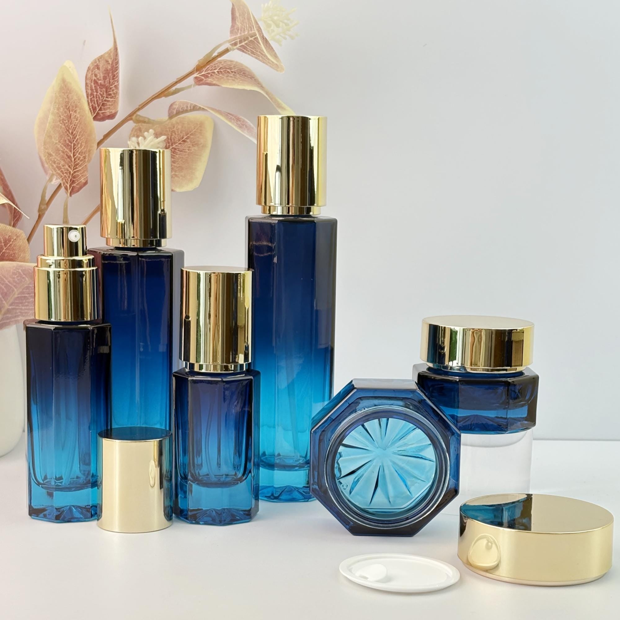 Blue Glass Cosmetic Container whit Gold Cap