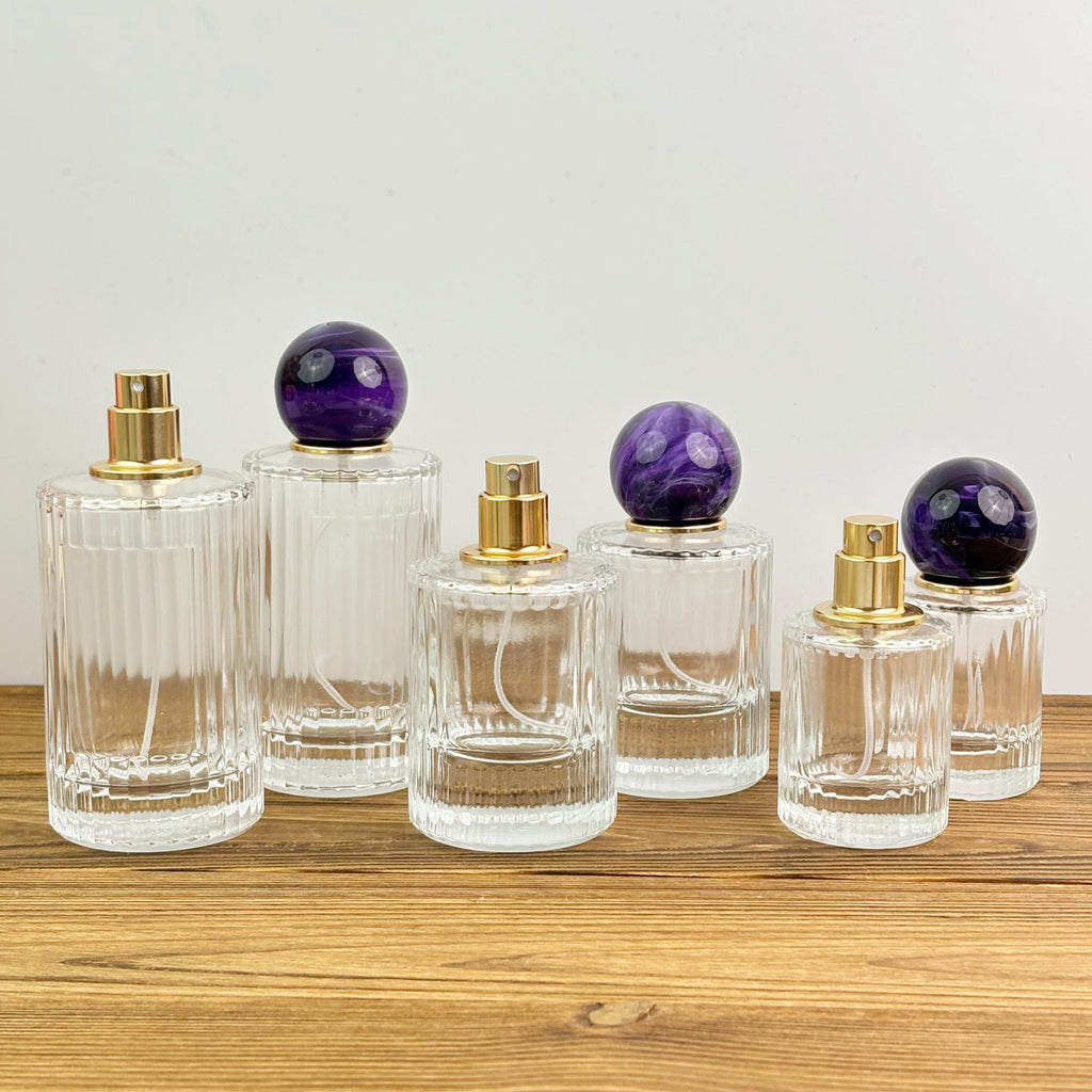 Clear Ribbed Glass Spray Bottle with Purple Ball Cap