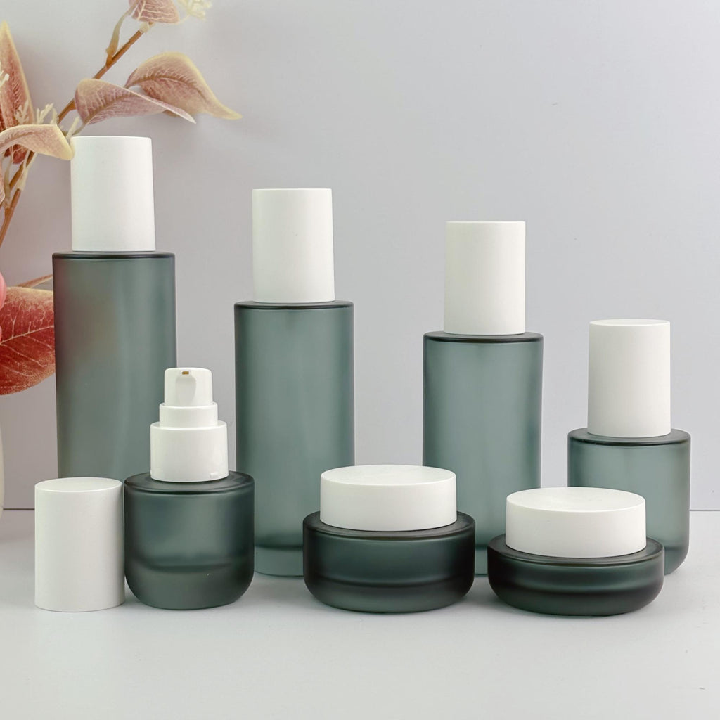 Premium Frosted Green Glass Cosmetic Bottles & Cream Jars