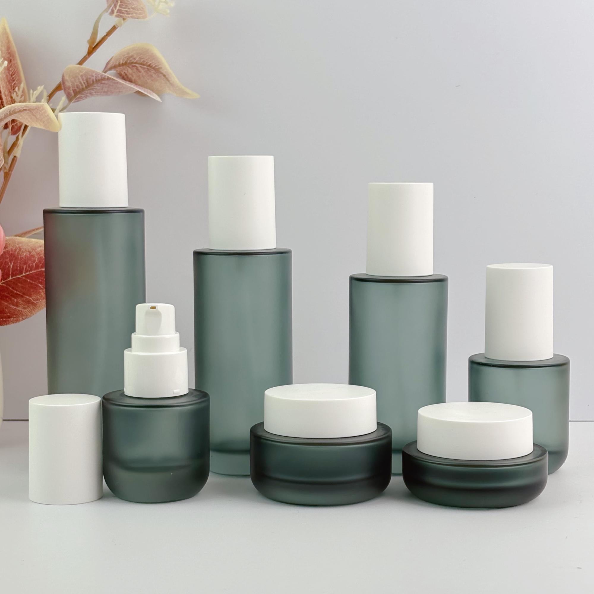 Premium Frosted Green Glass Cosmetic Bottles & Cream Jars