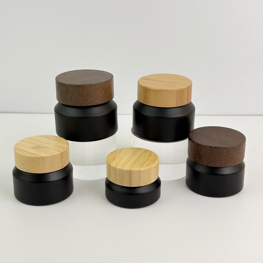 15g 30g 50g Black Matte Glass Cream Jar with Wooden Cap