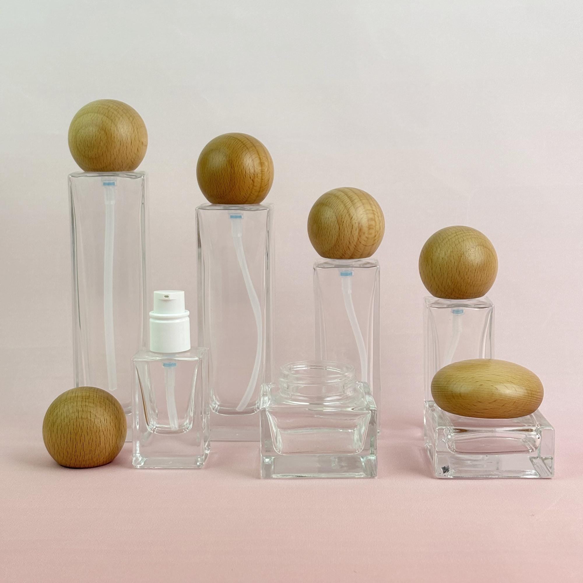 Clear Glass Cosmetic Container with Wooden Cap