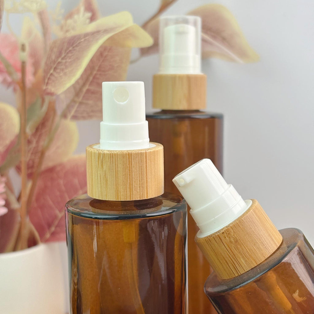 Amber Glass Bottle with Bamboo Collar Spray Lotion Pump Dropper