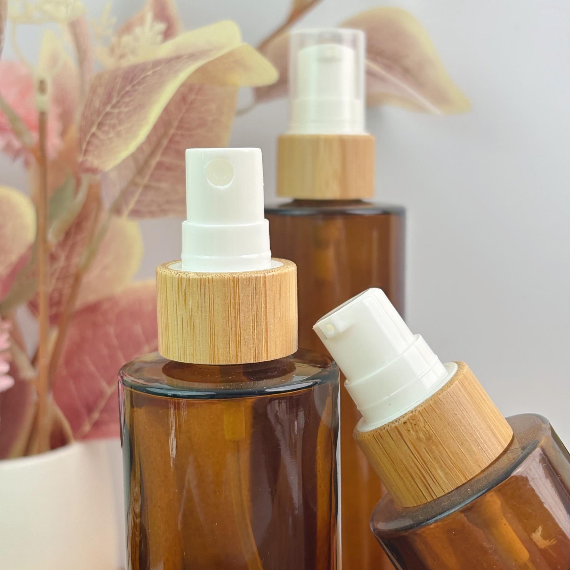 Amber Glass Bottle with Bamboo Collar Spray Lotion Pump Dropper