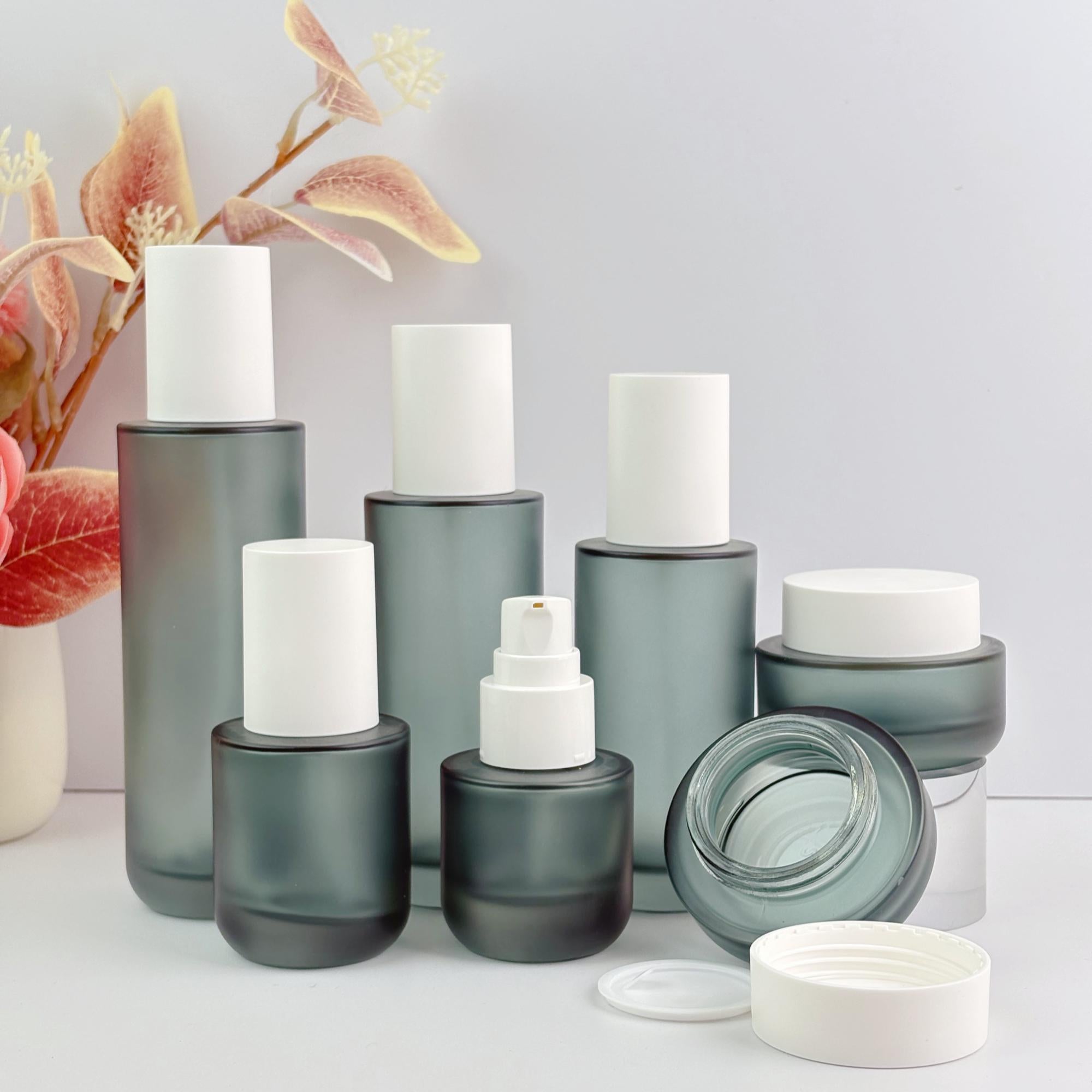 Premium Frosted Green Glass Cosmetic Bottles & Cream Jars