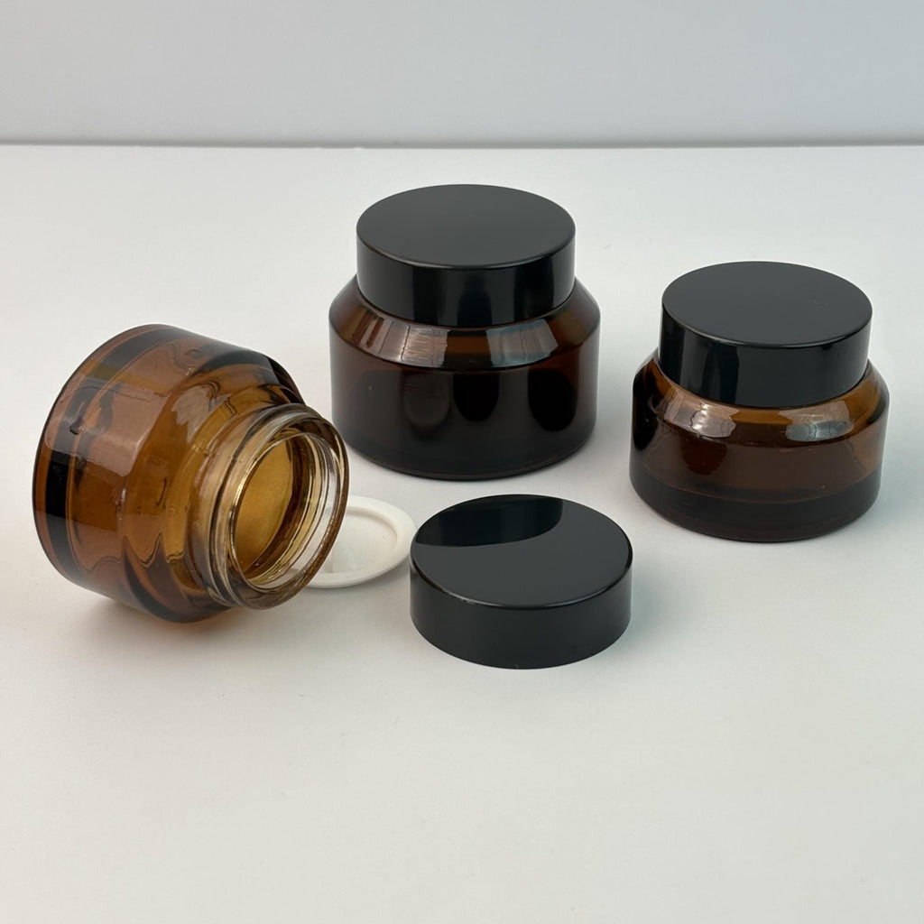 Amber Glass Cream Jars with Black Lid and Inner Liner