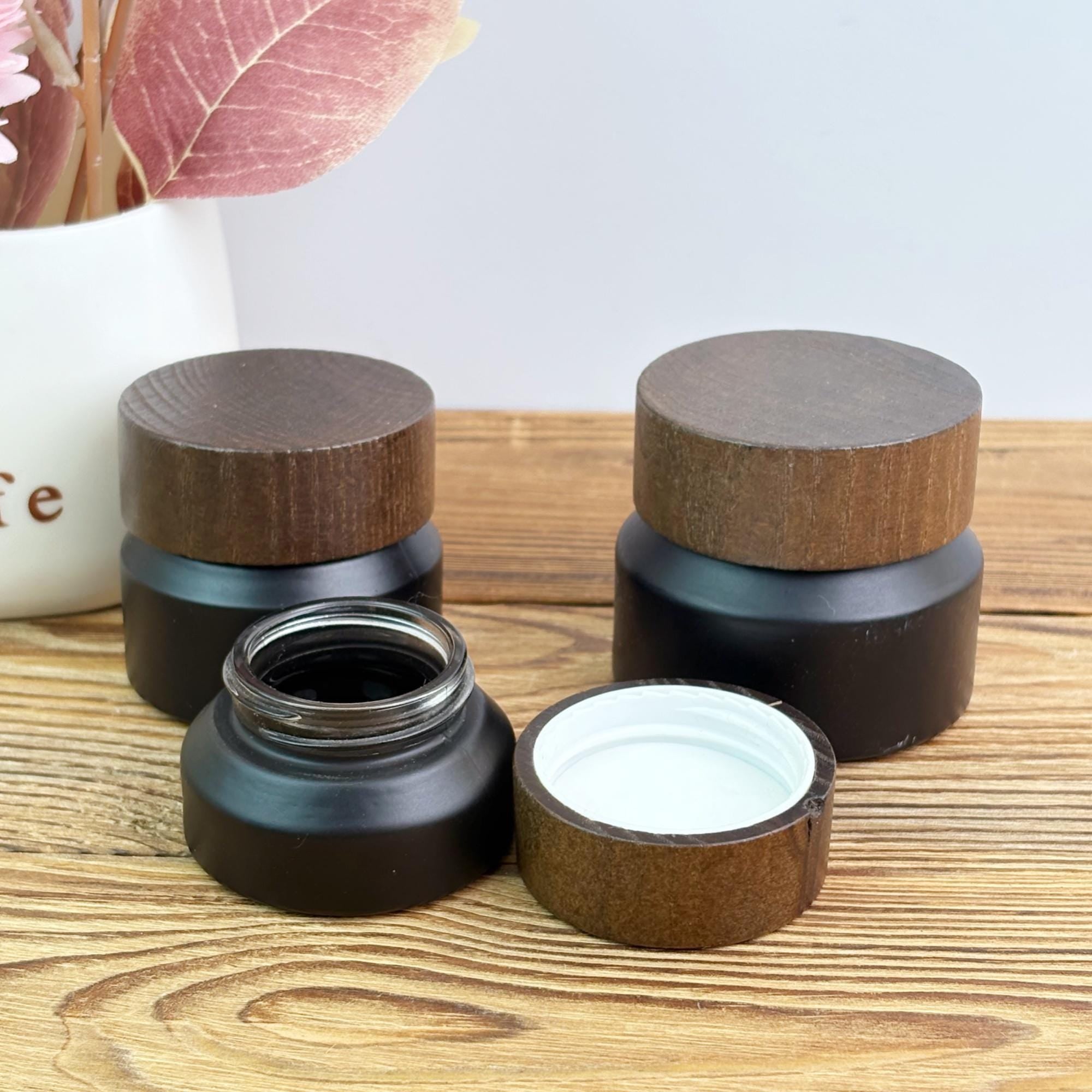 15g 30g 50g Black Matte Glass Cream Jar with Wooden Cap