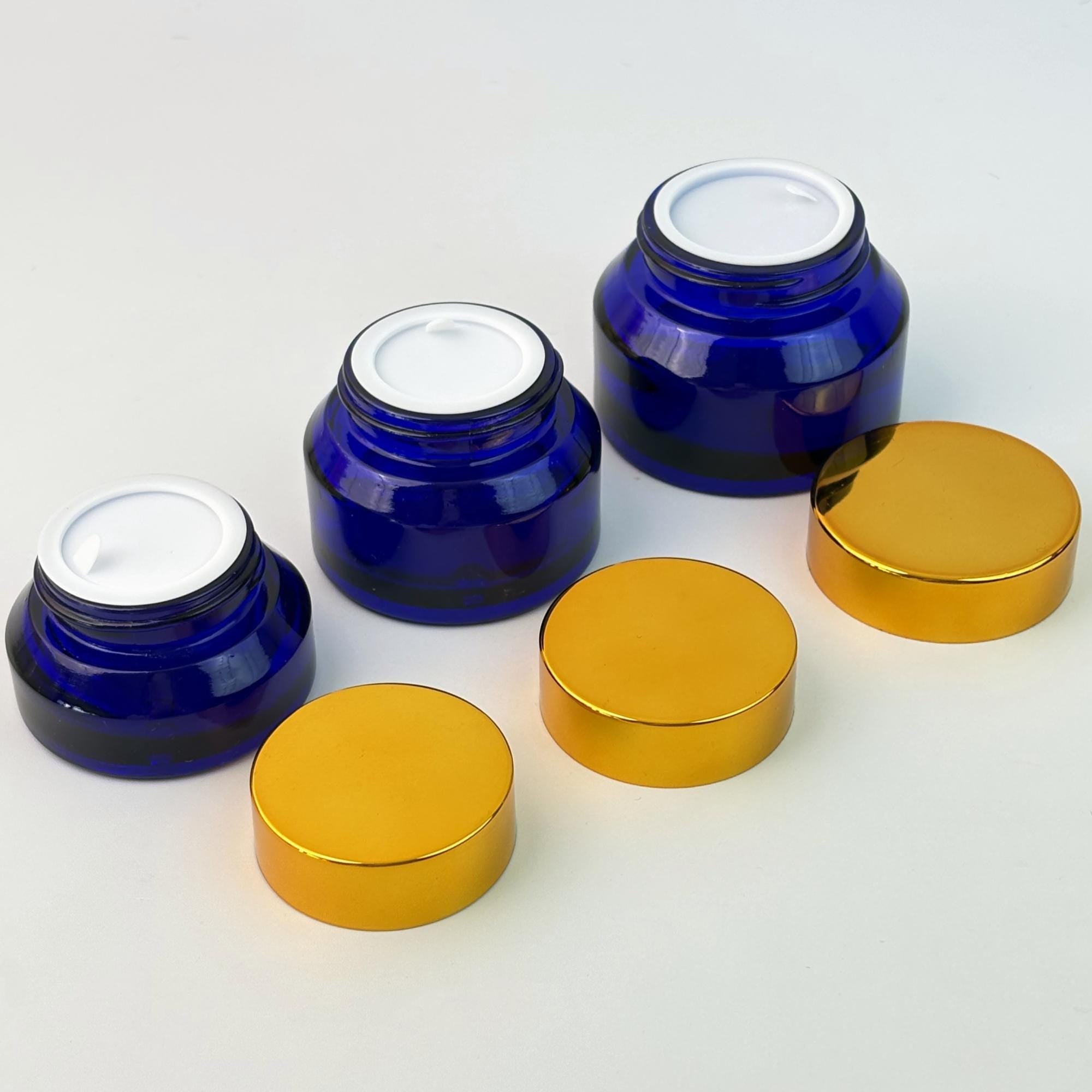 Sapphire Blue Glass Cosmetic Cream Jars with Gold Plastic Cap