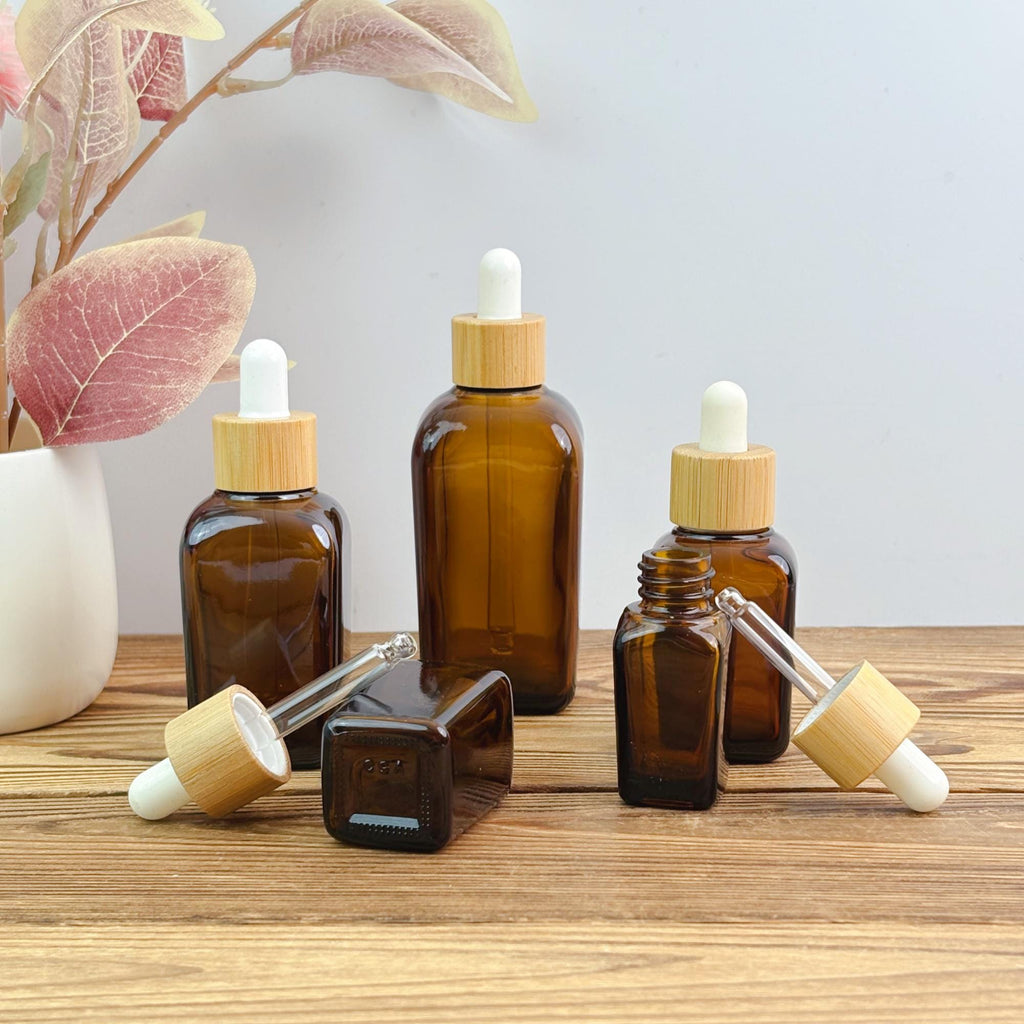 Amber Glass Dropper Bottle with Bamboo Cap