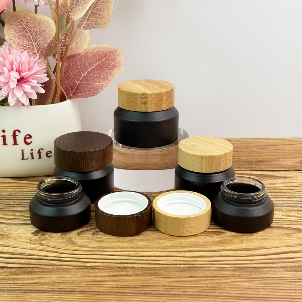 15g 30g 50g Black Matte Glass Cream Jar with Wooden Cap