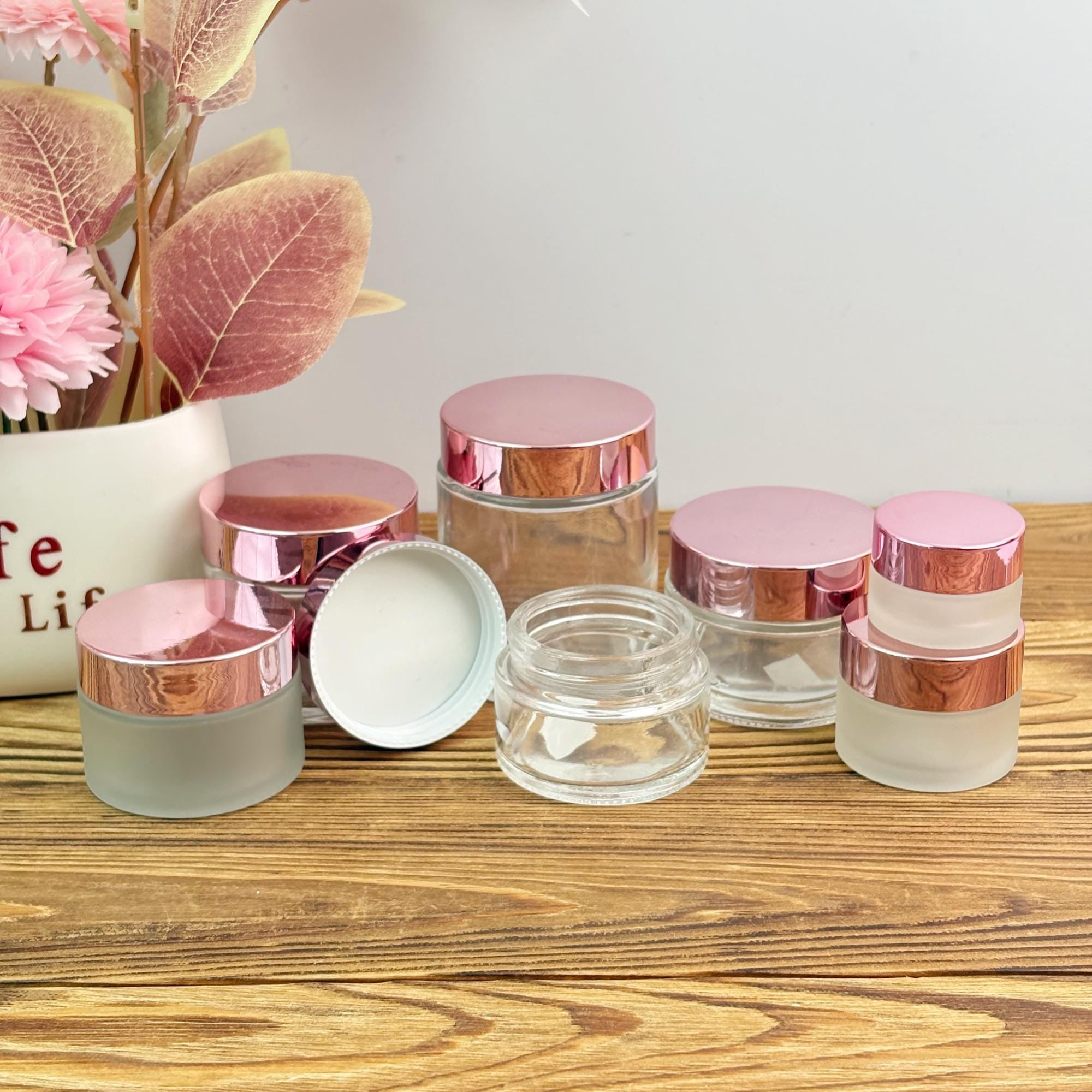 Glass Cream Jars with Rose Gold Plastic Caps