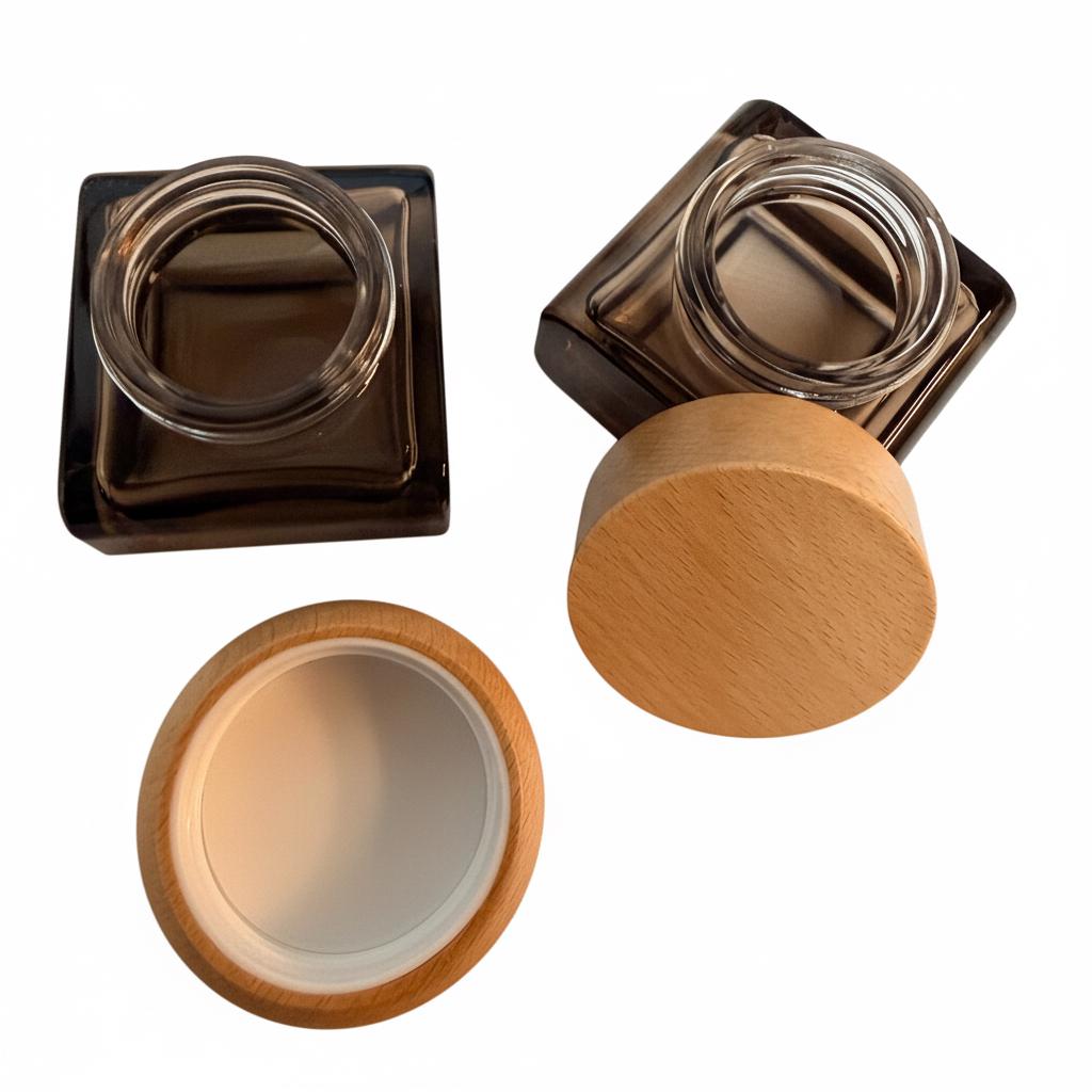 Clear Brown Cosmetic Packaging Set with Natural Wood Cap