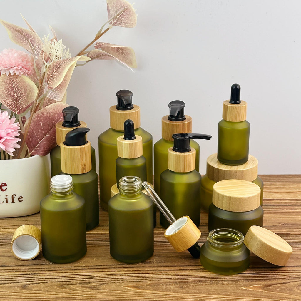 Green Glass Cosmetic Bottles and Jars