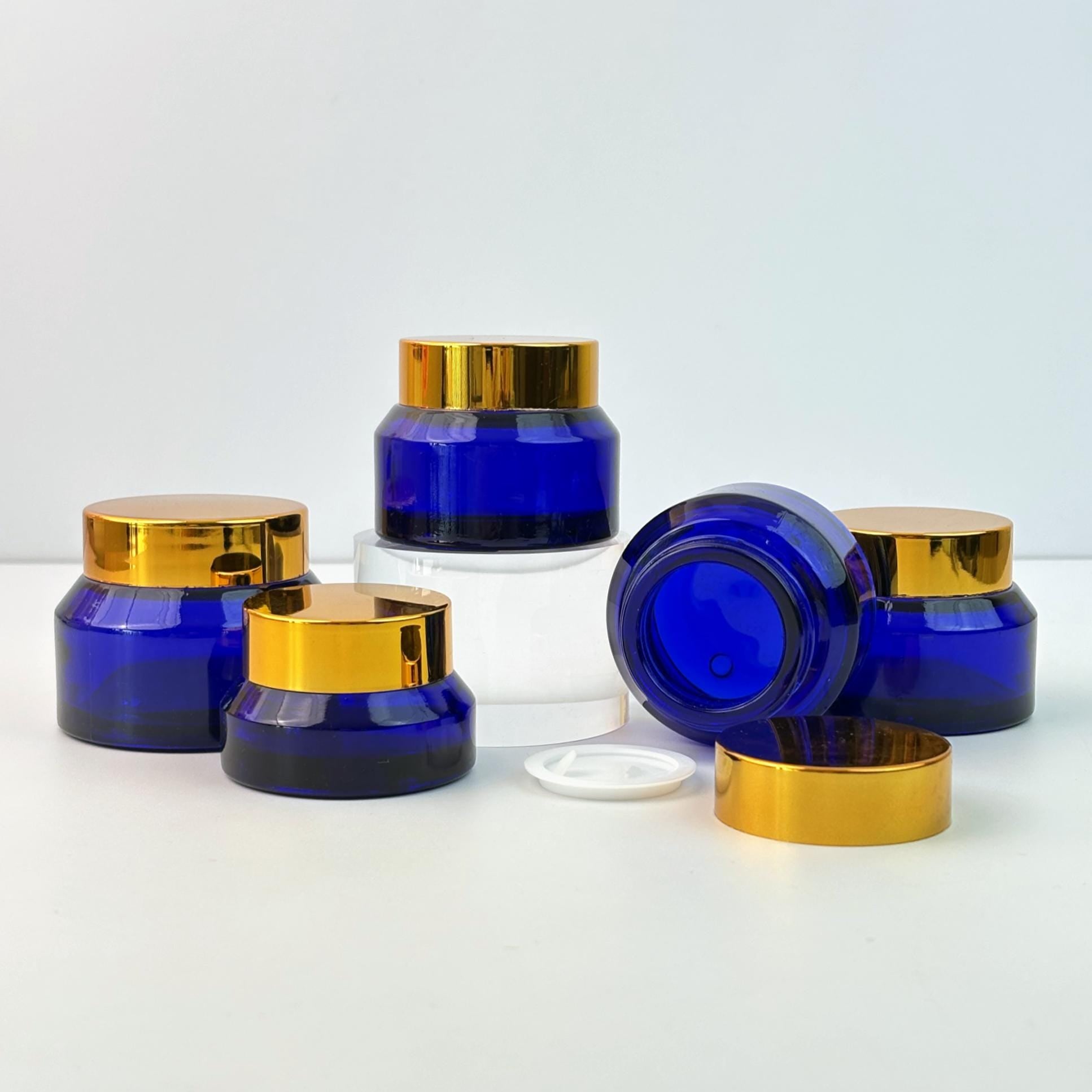 Sapphire Blue Glass Cosmetic Cream Jars with Gold Plastic Cap