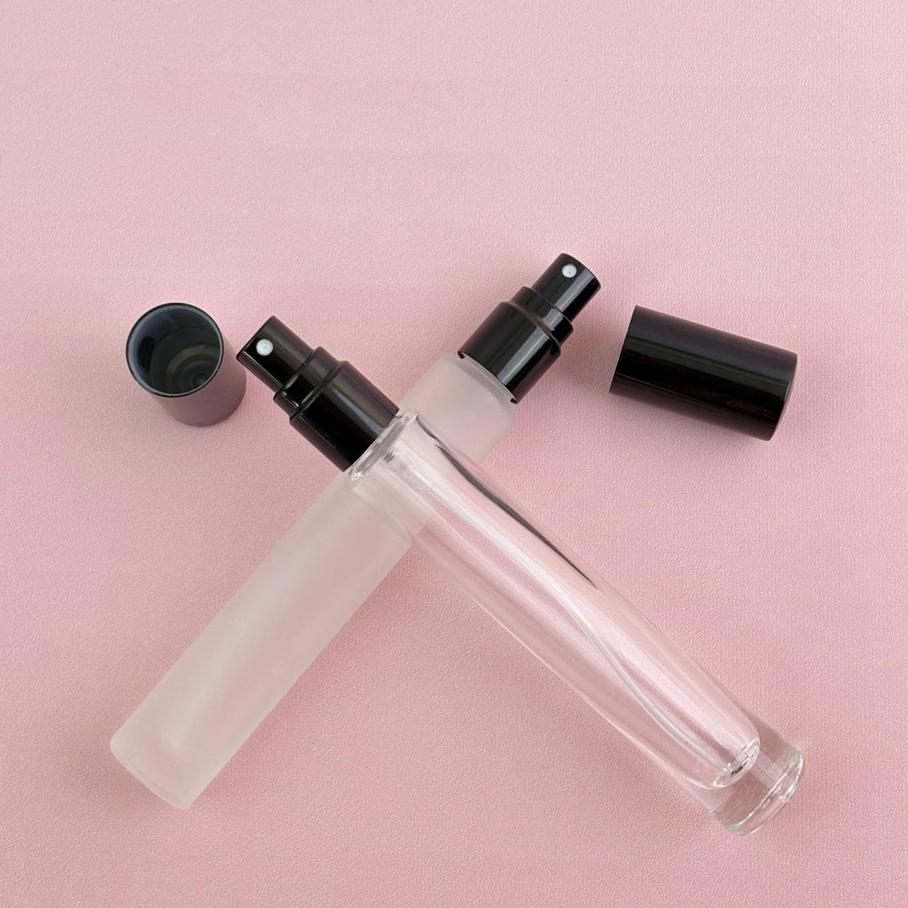 Minimalist Clear & Frosted Glass Spray Bottle with Plastic Caps