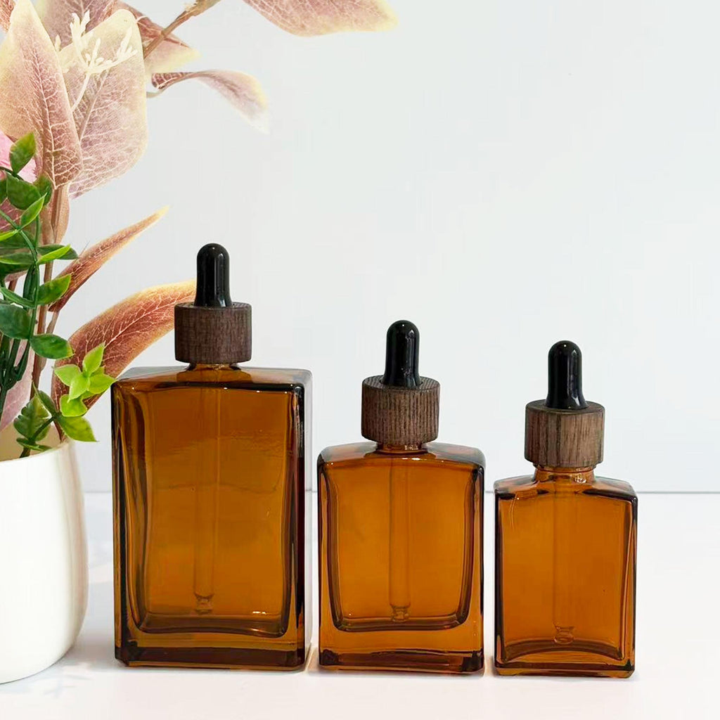 Empty Amber Glass Cosmetic Containers with Wooden Cap