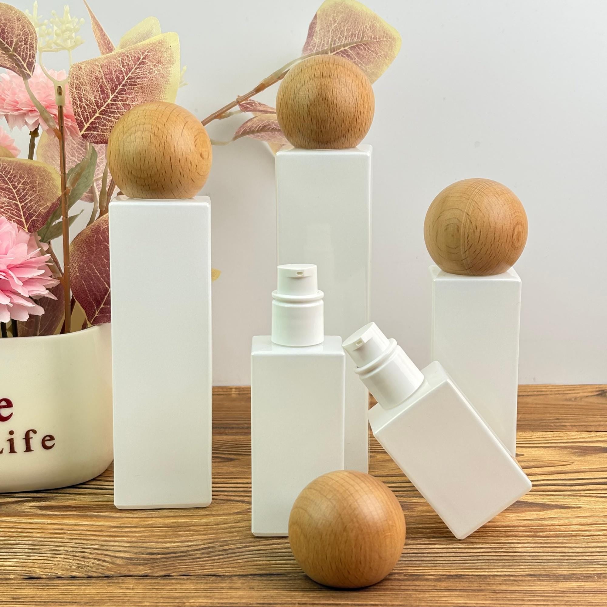 White Glass Lotion Bottle and Cream Jar