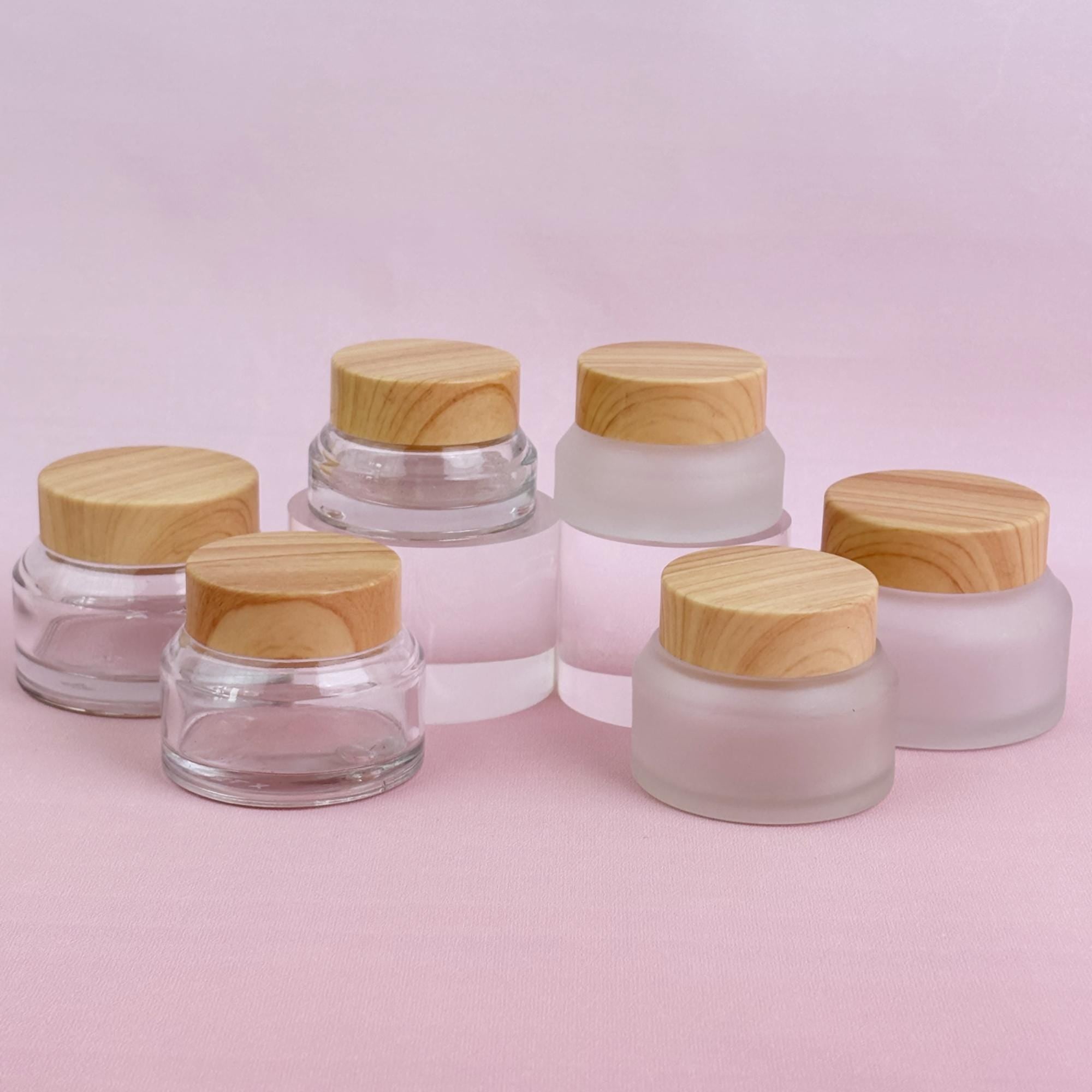 Refillable Glass Cream Jars with Wood-Look Plastic Caps