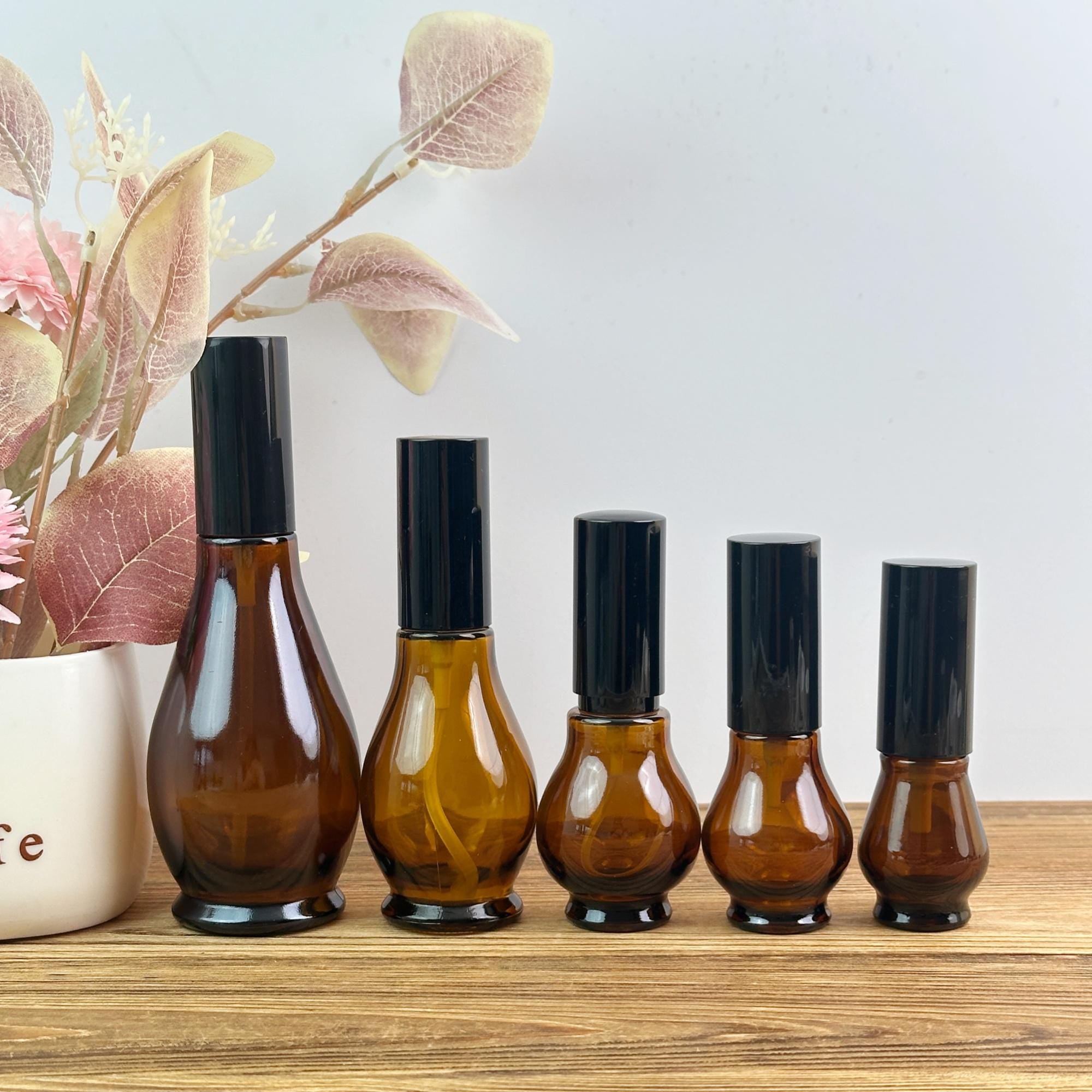 Amber Glass Fine Mist Spray Bottles with Black Caps
