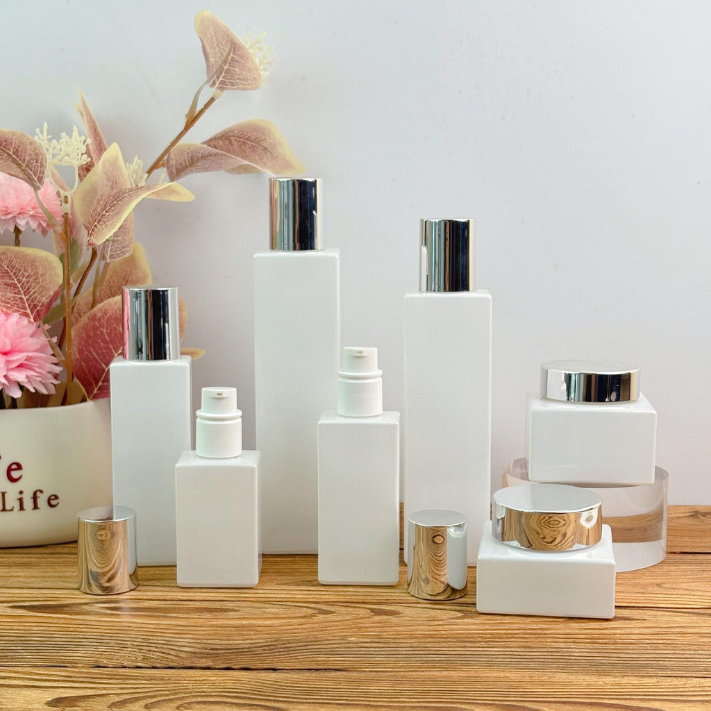 Elegant White Square Glass Cosmetic Containers