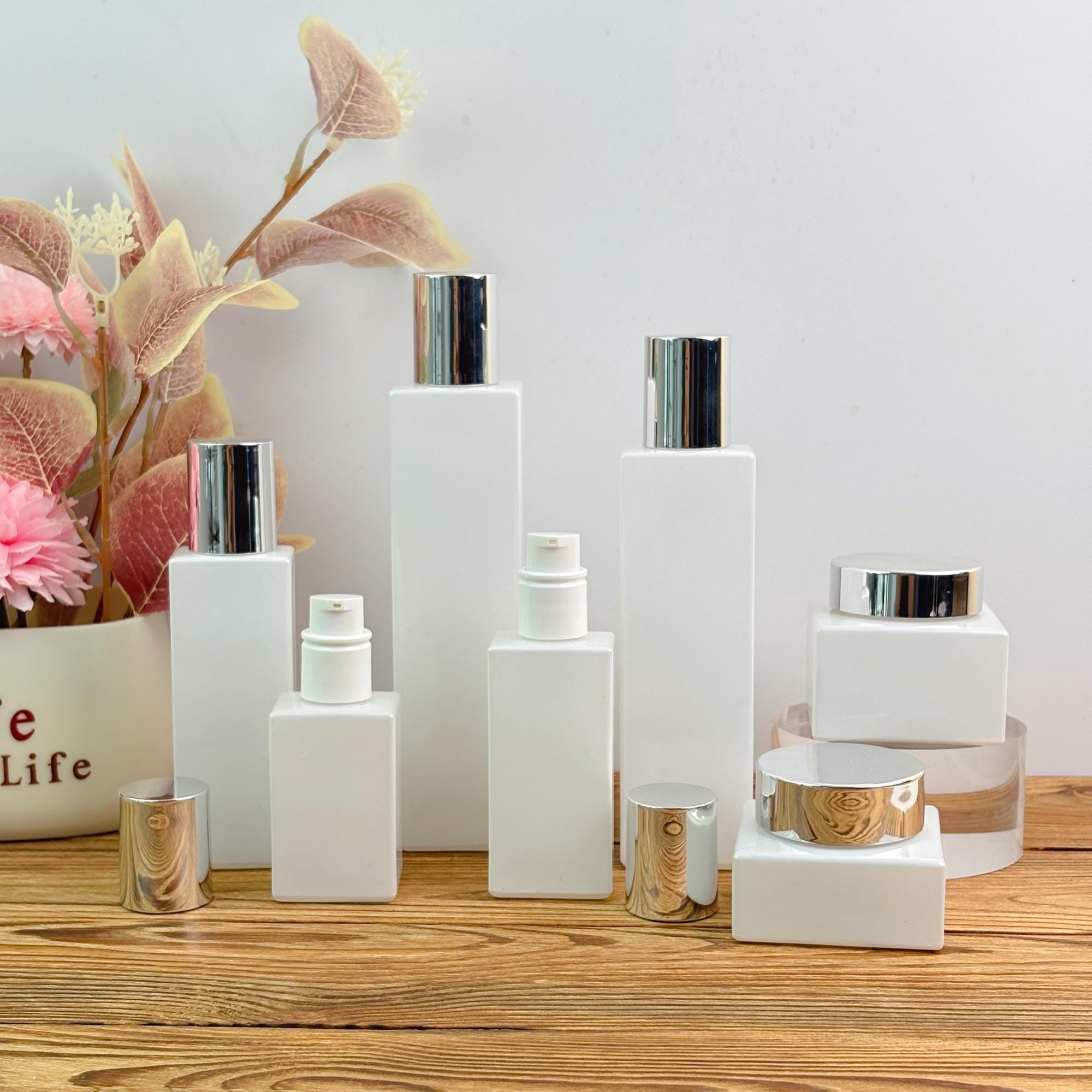 Elegant White Square Glass Cosmetic Containers