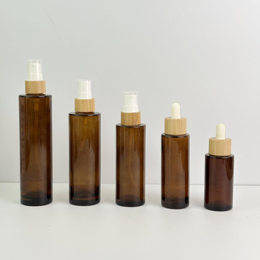 Amber Glass Bottle with Bamboo Collar Spray Lotion Pump Dropper
