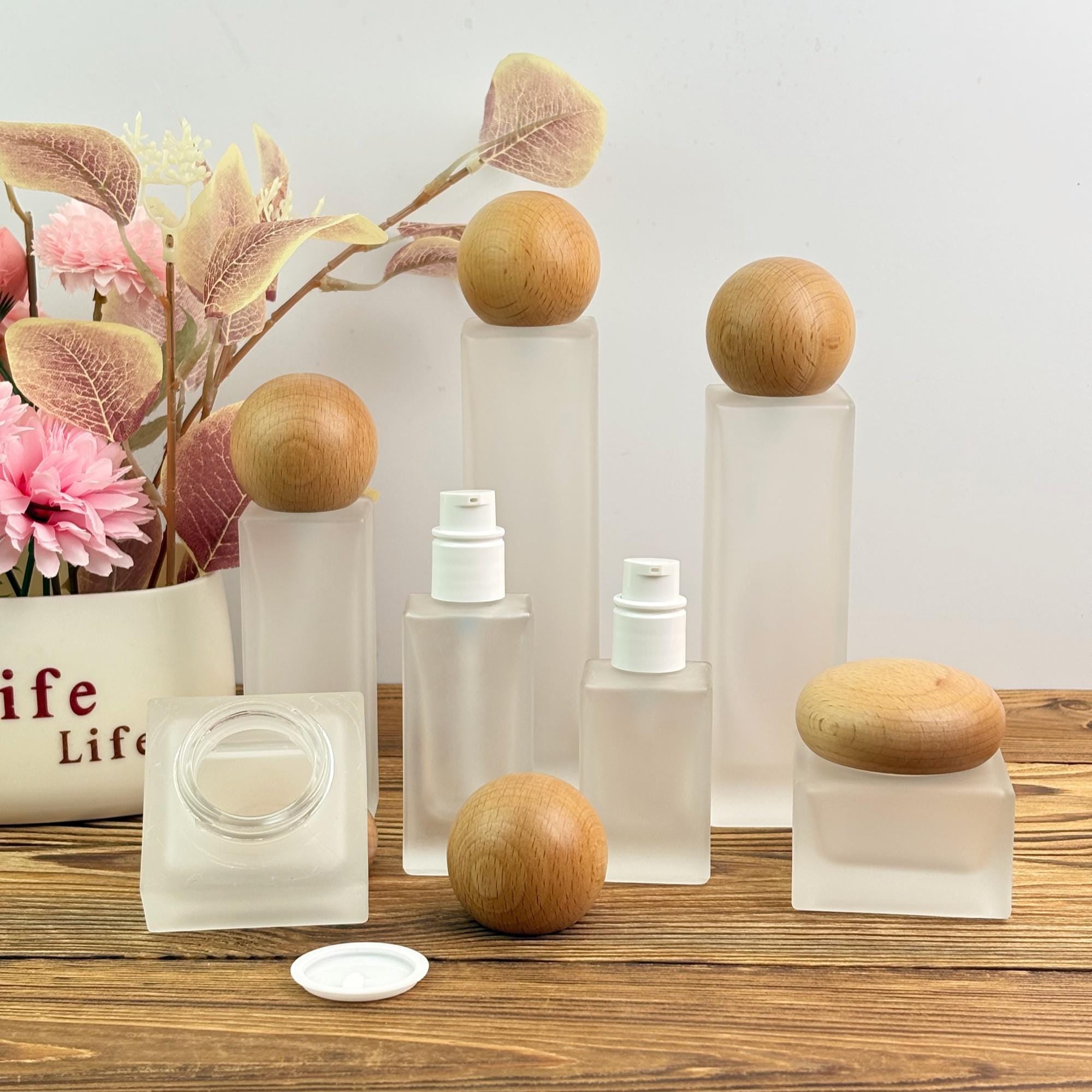 Frosted Glass Lotion Bottle and Cream Jar