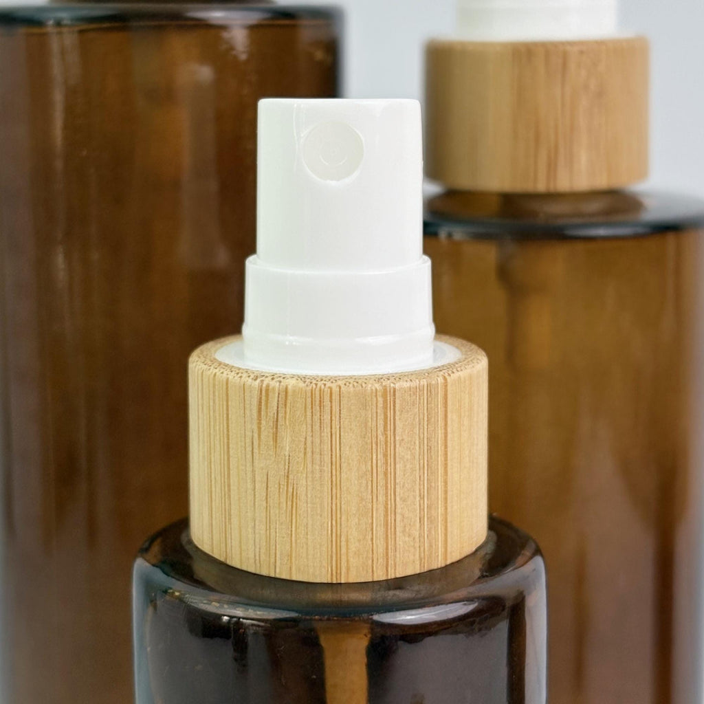 Amber Glass Bottle with Bamboo Collar Spray Lotion Pump Dropper