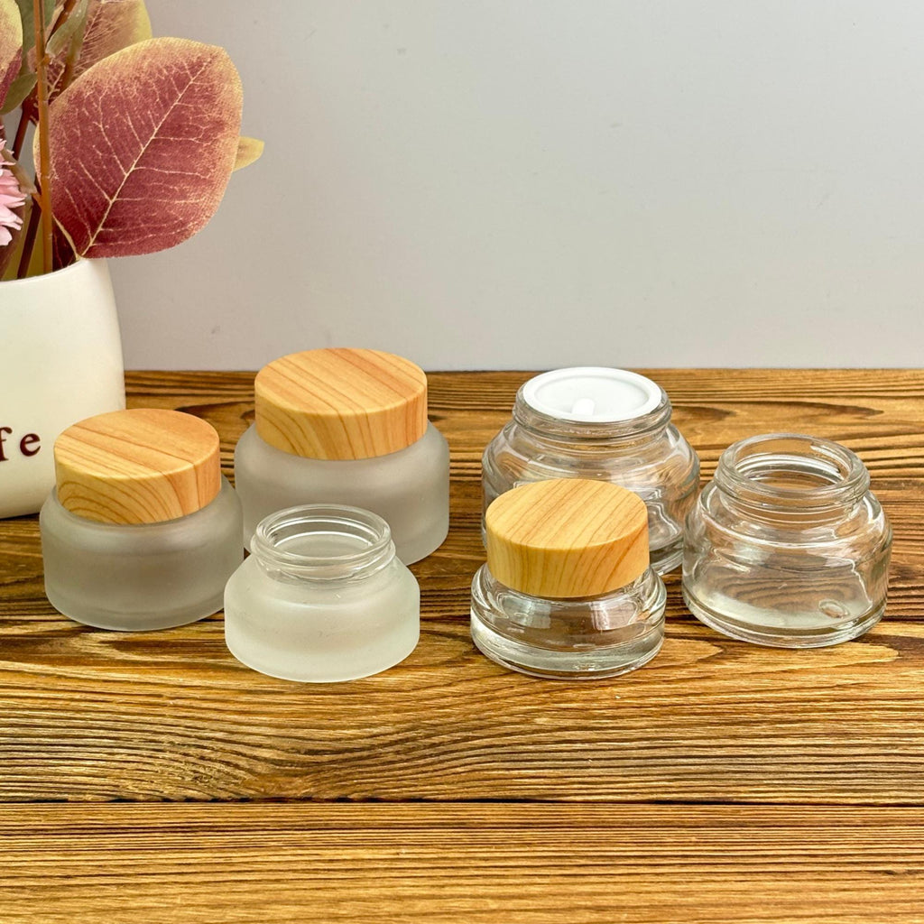 Refillable Glass Cream Jars with Wood-Look Plastic Caps
