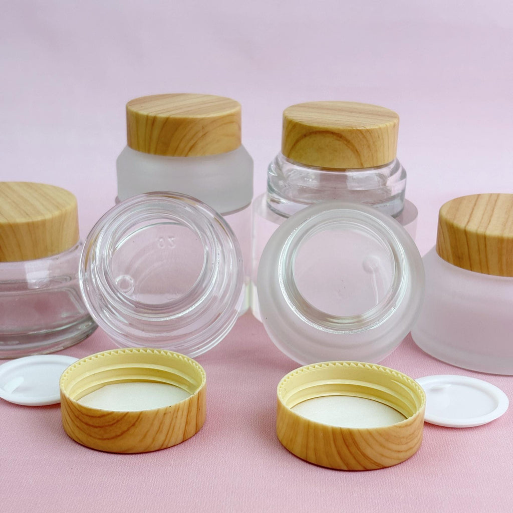Refillable Glass Cream Jars with Wood-Look Plastic Caps