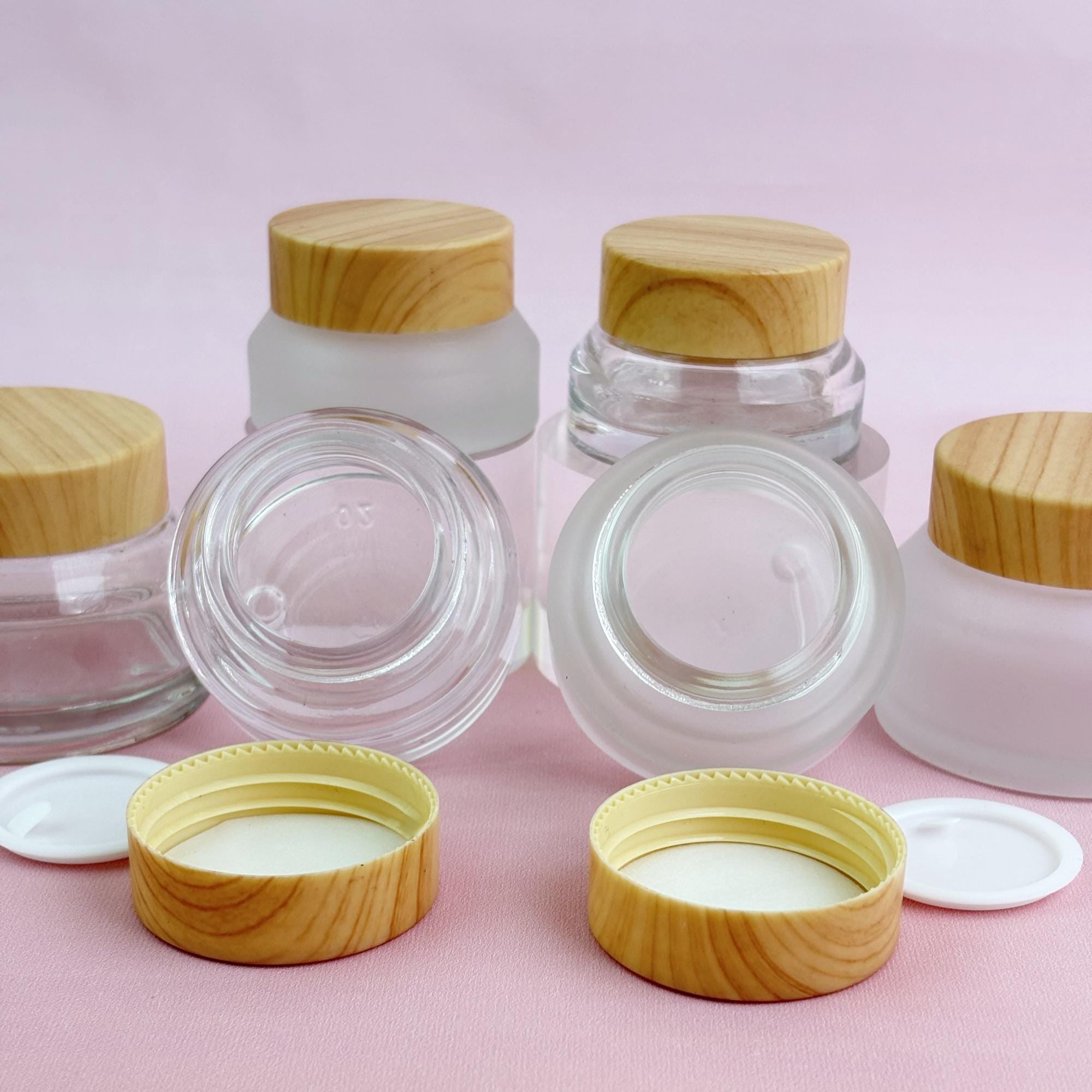 Refillable Glass Cream Jars with Wood-Look Plastic Caps