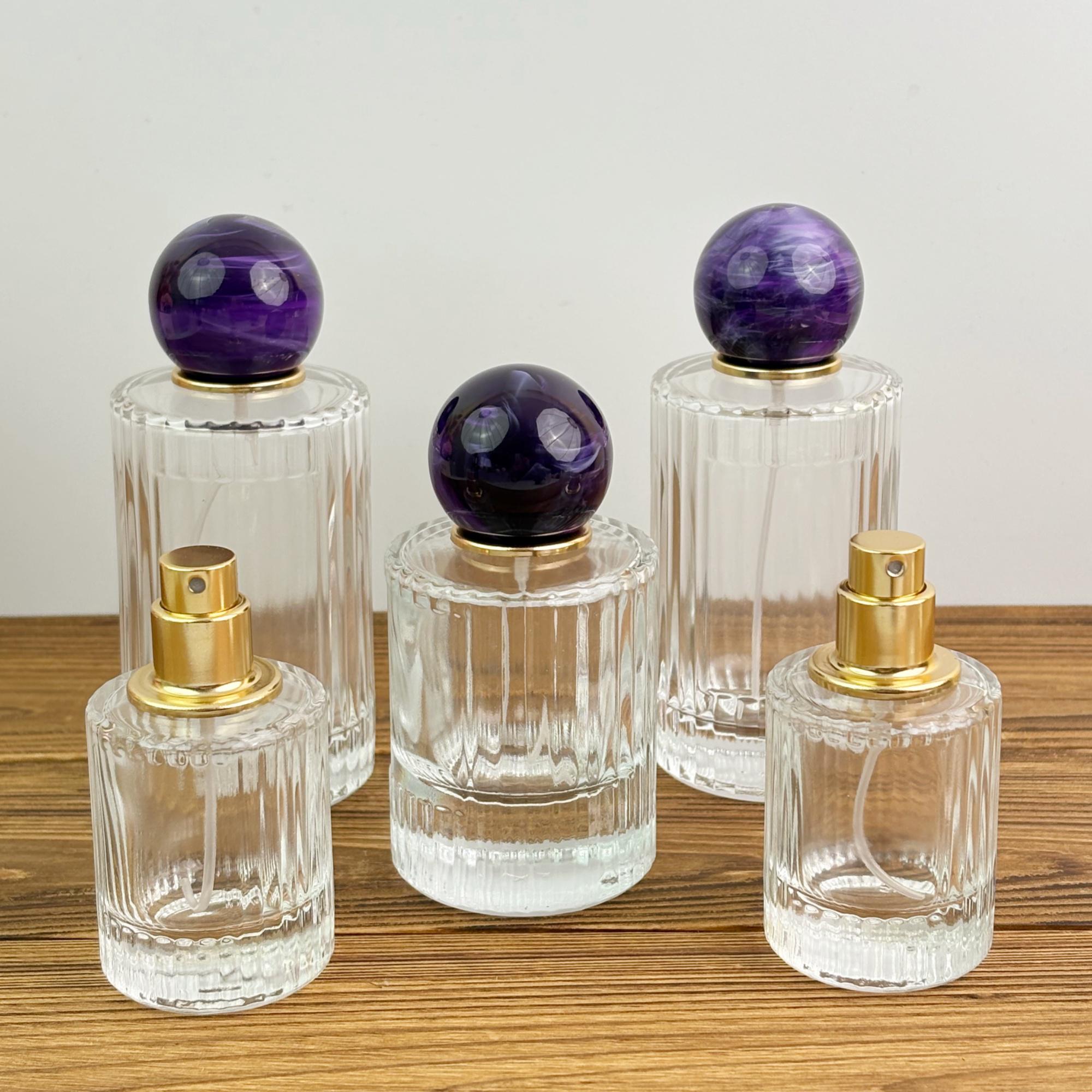 Clear Ribbed Glass Spray Bottle with Purple Ball Cap