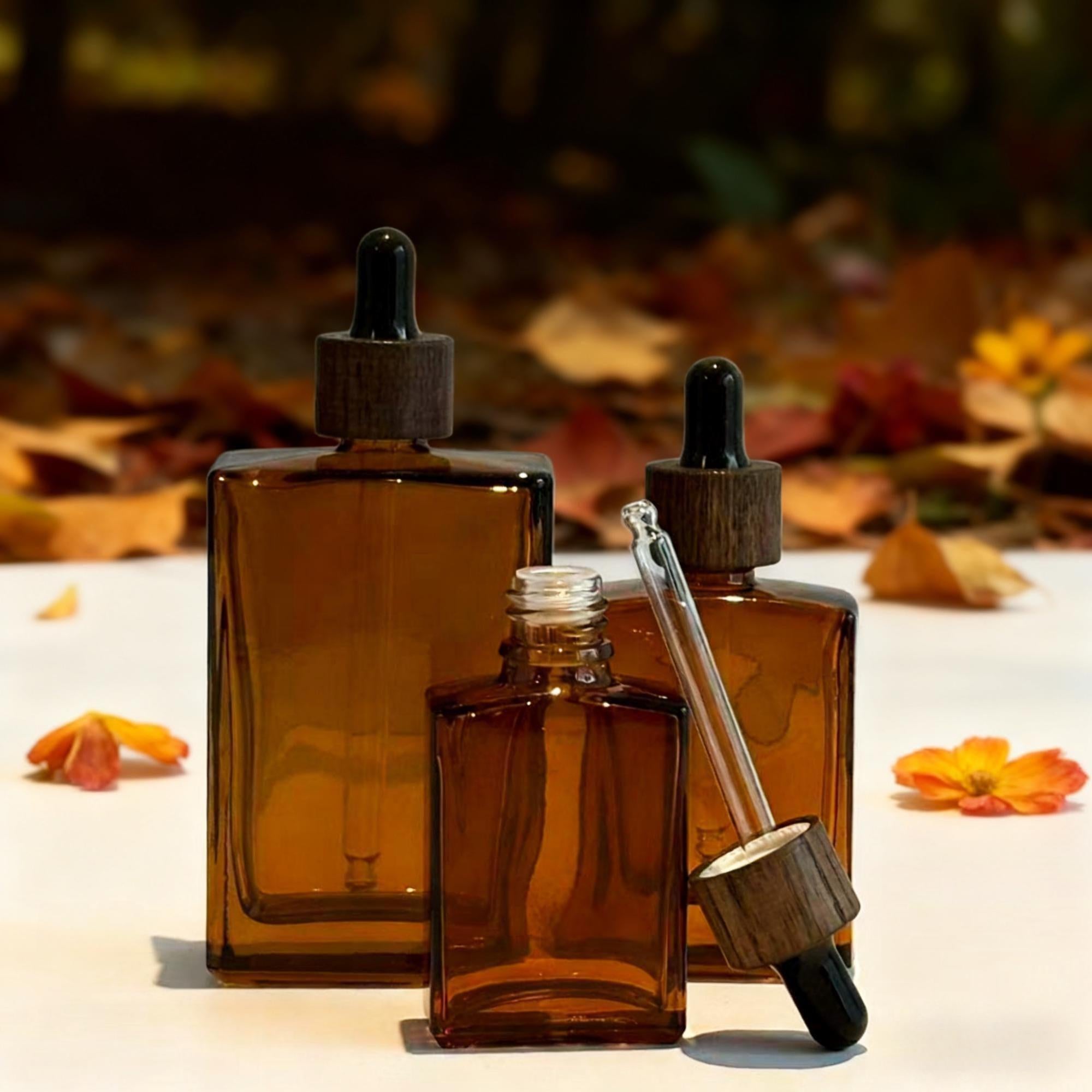 Empty Amber Glass Cosmetic Containers with Wooden Cap