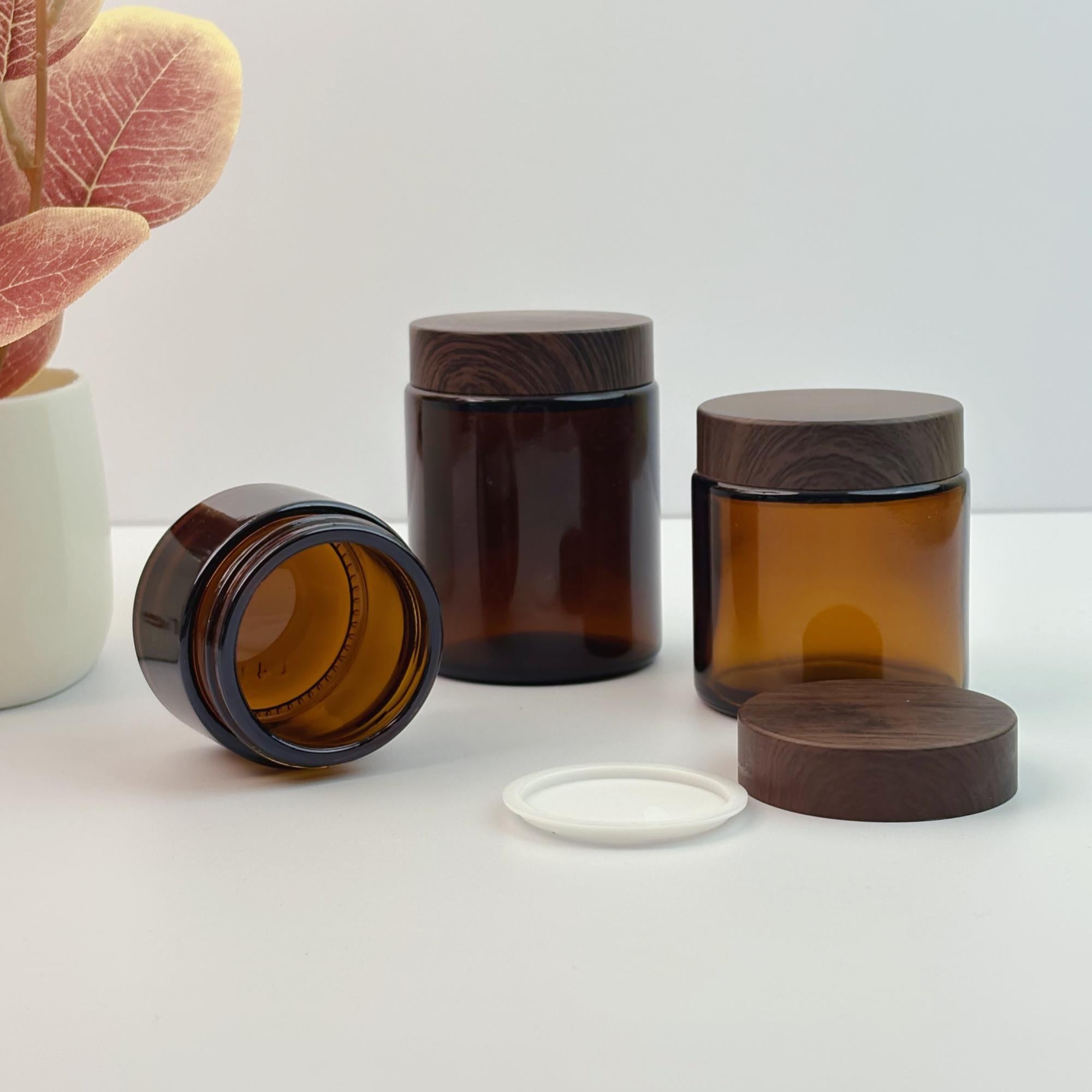 Amber Glass Cream Jars With Plastic Wood Printing Caps