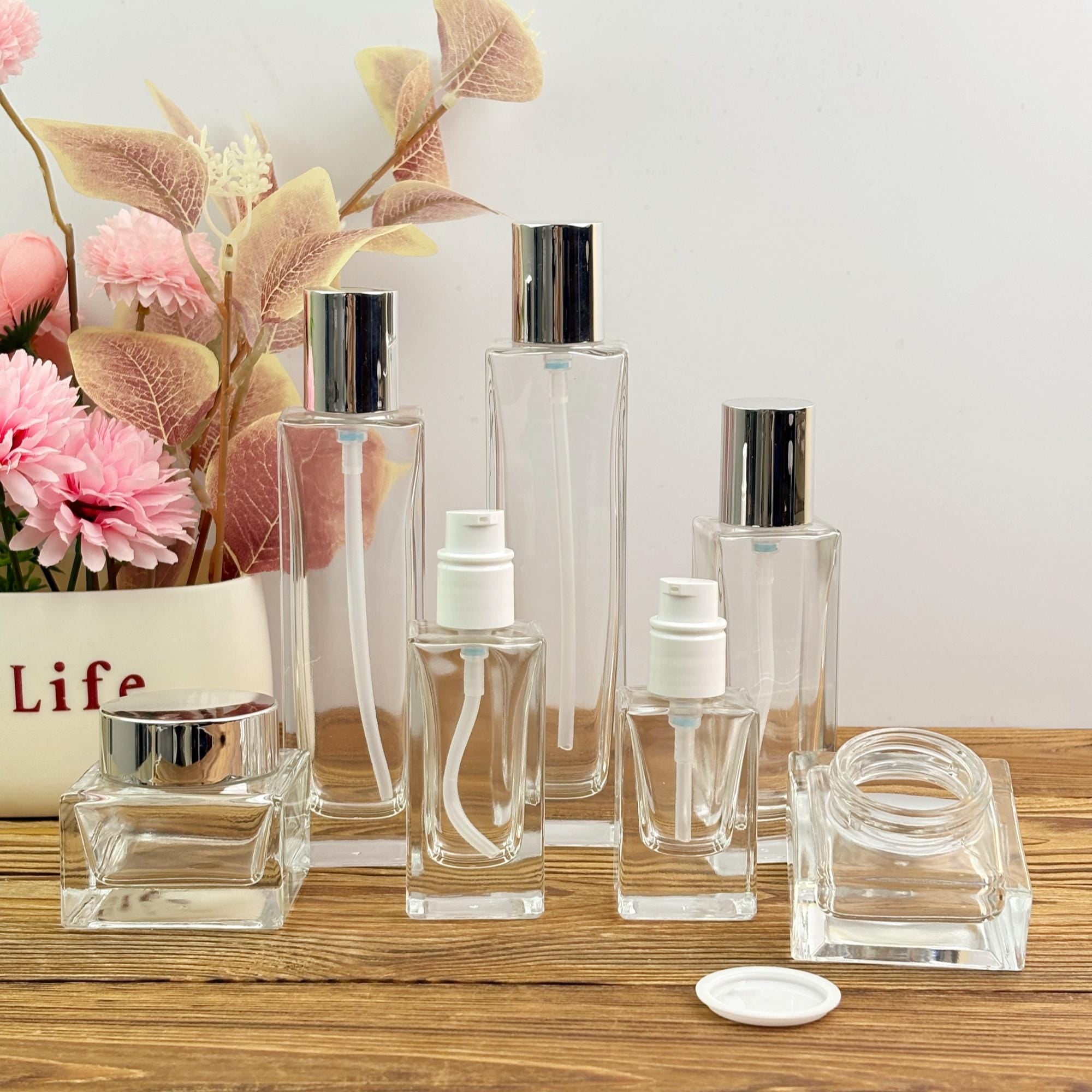 Clear Glass Lotion Bottle and Cream Jar
