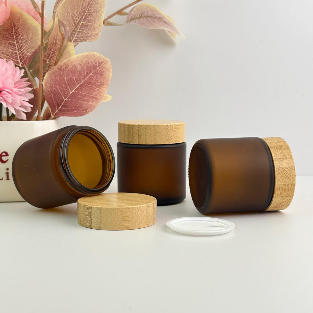 100g Amber Frosted Glass Cream Jar with Bamboo Caps