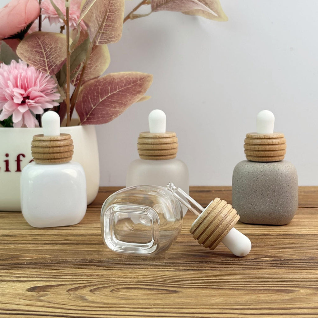 30ml Square Glass Dropper Bottle with Wood Cap