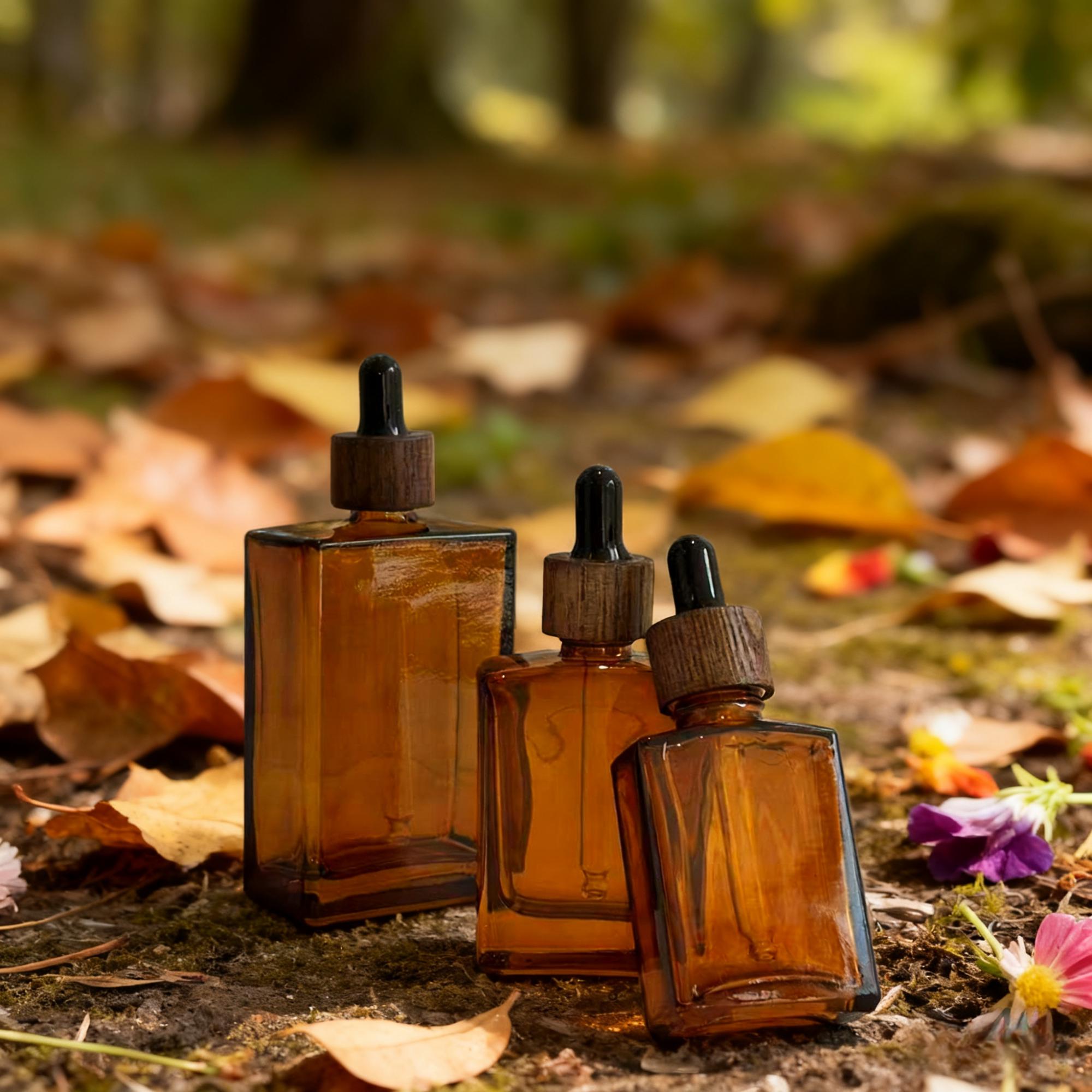 Empty Amber Glass Cosmetic Containers with Wooden Cap