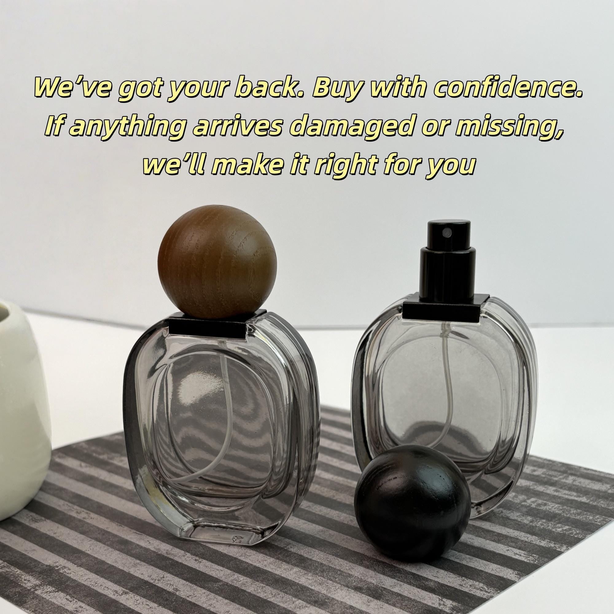 Empty Clear Black Glass Spray Bottles with Wooden Caps