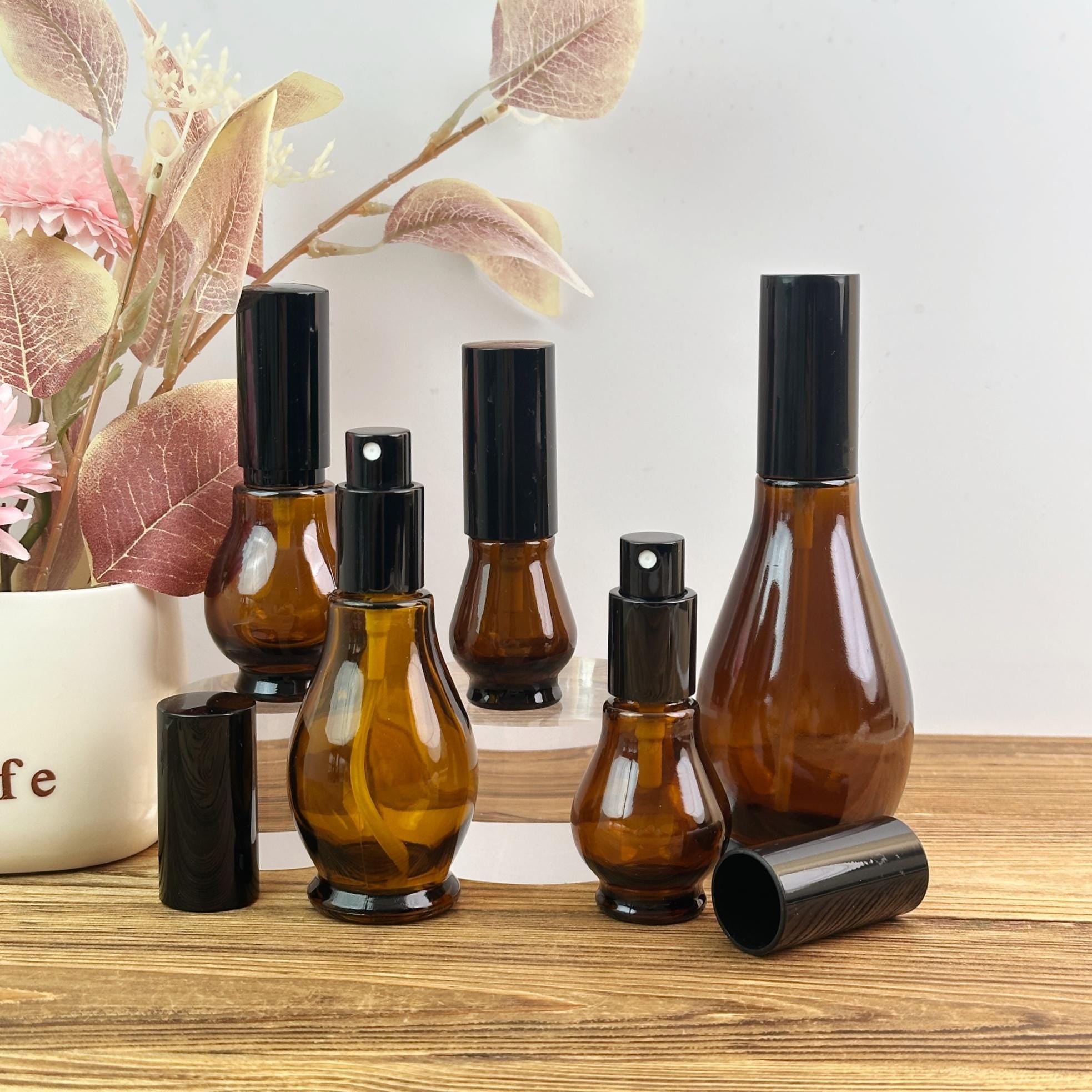 Amber Glass Fine Mist Spray Bottles with Black Caps