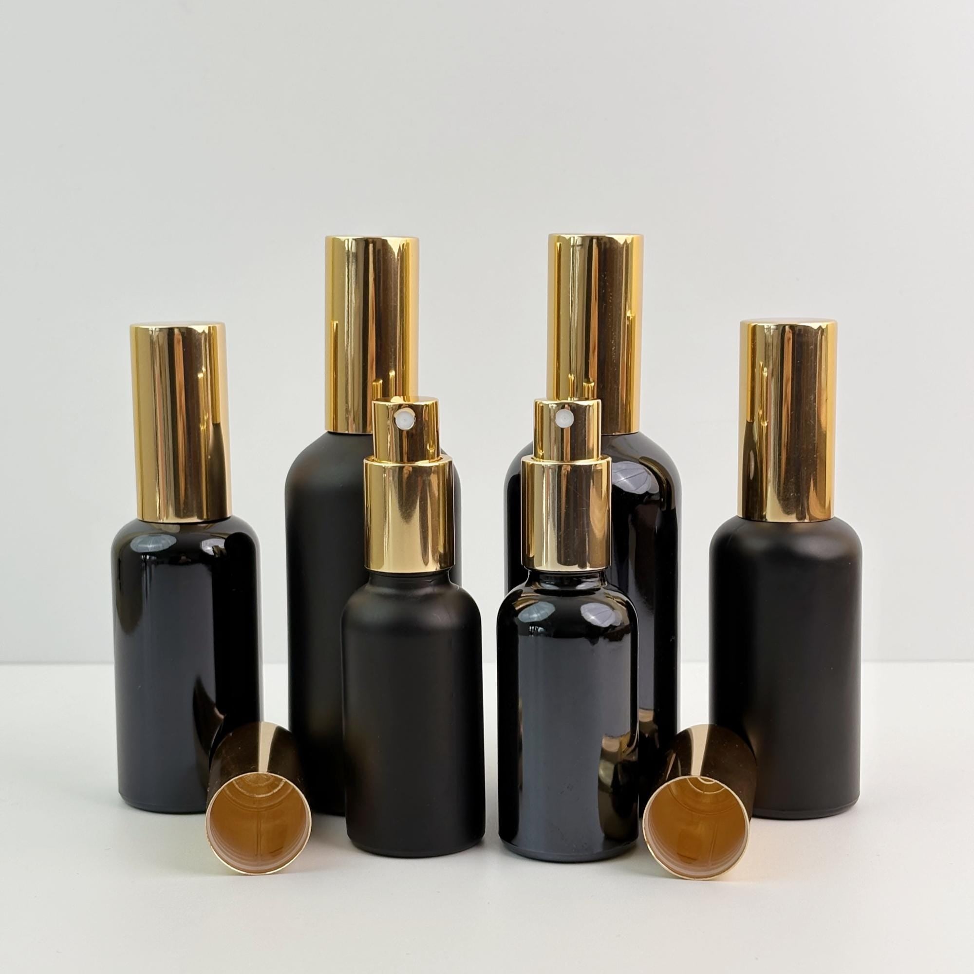 Black Glass Atomizer Bottles with Gold Cap