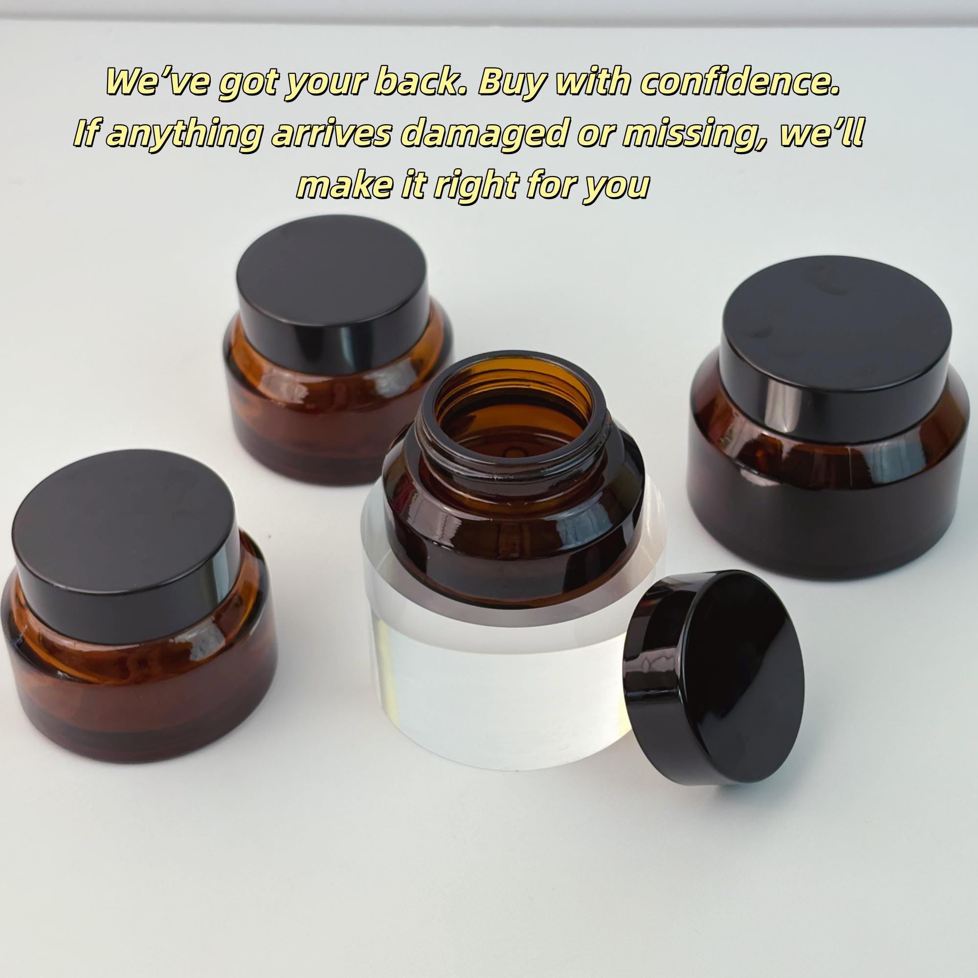 Amber Glass Cream Jars with Black Lid and Inner Liner