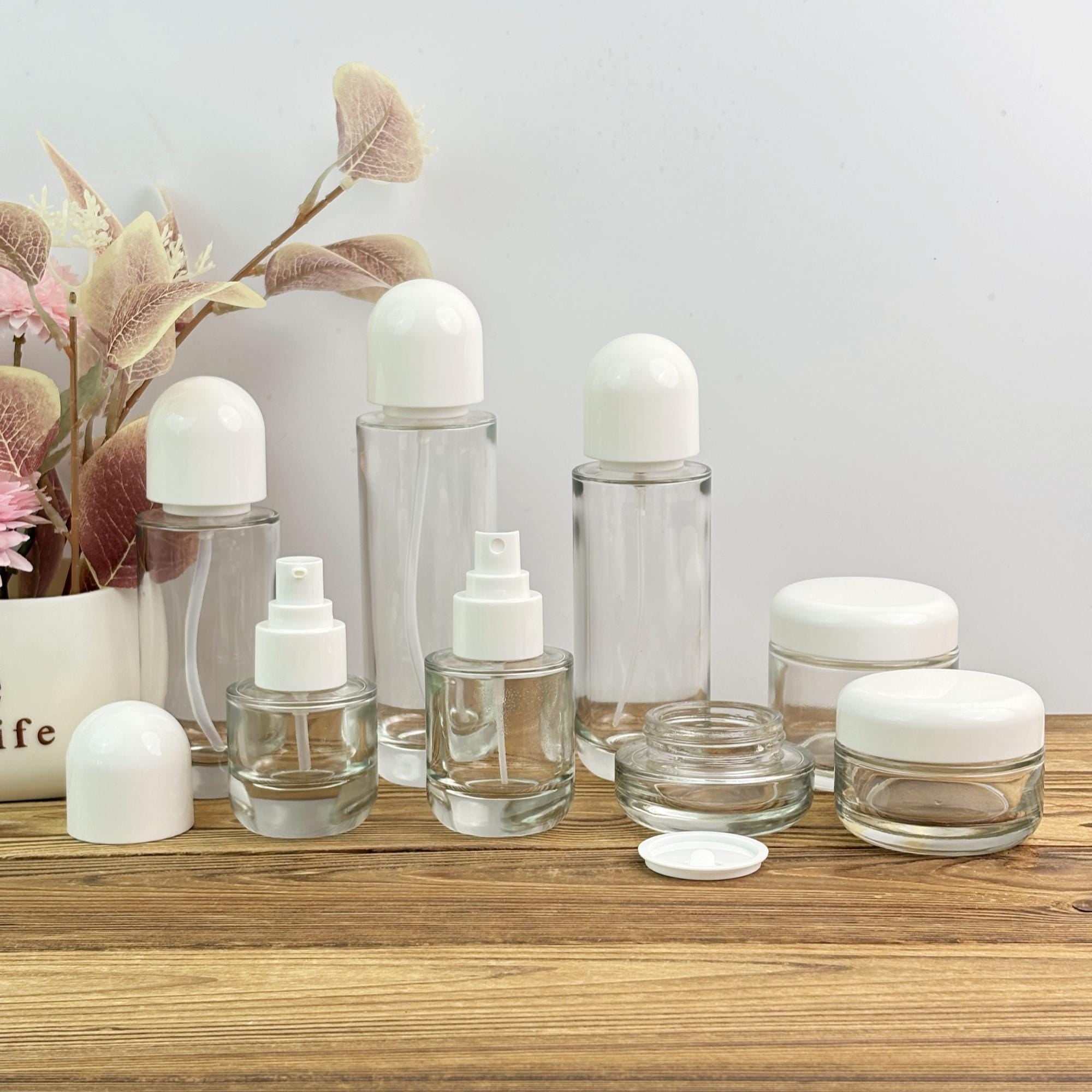 Minimalist Glass Clear Spray Bottle and Cream Jar