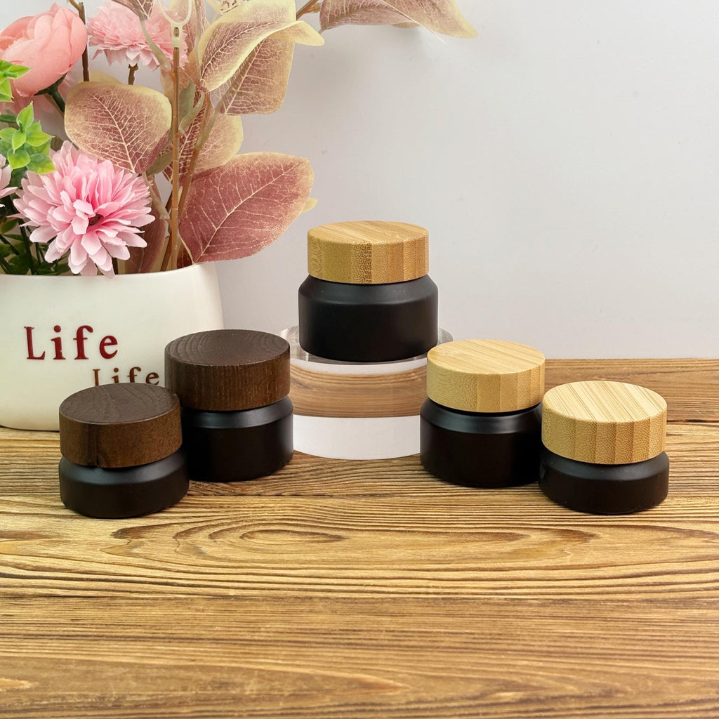 15g 30g 50g Black Matte Glass Cream Jar with Wooden Cap