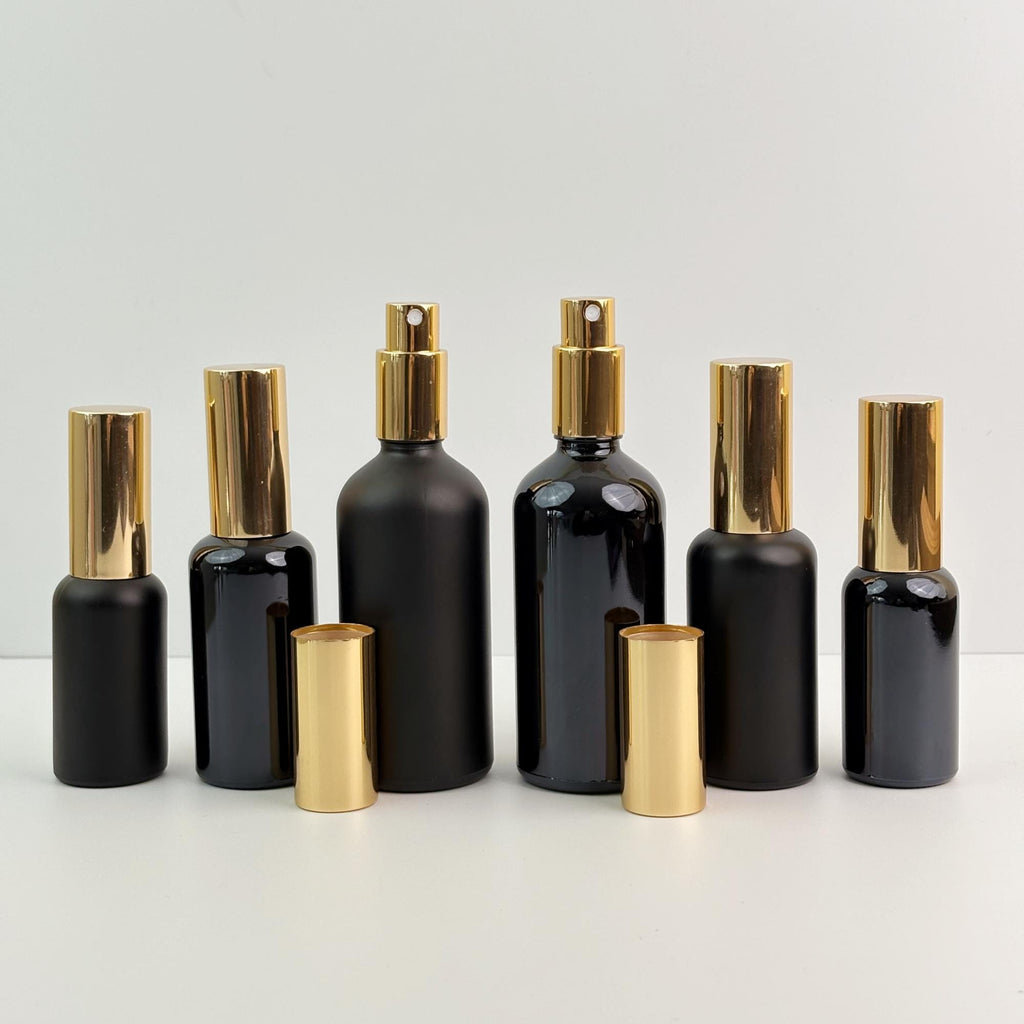 Black Glass Atomizer Bottles with Gold Cap