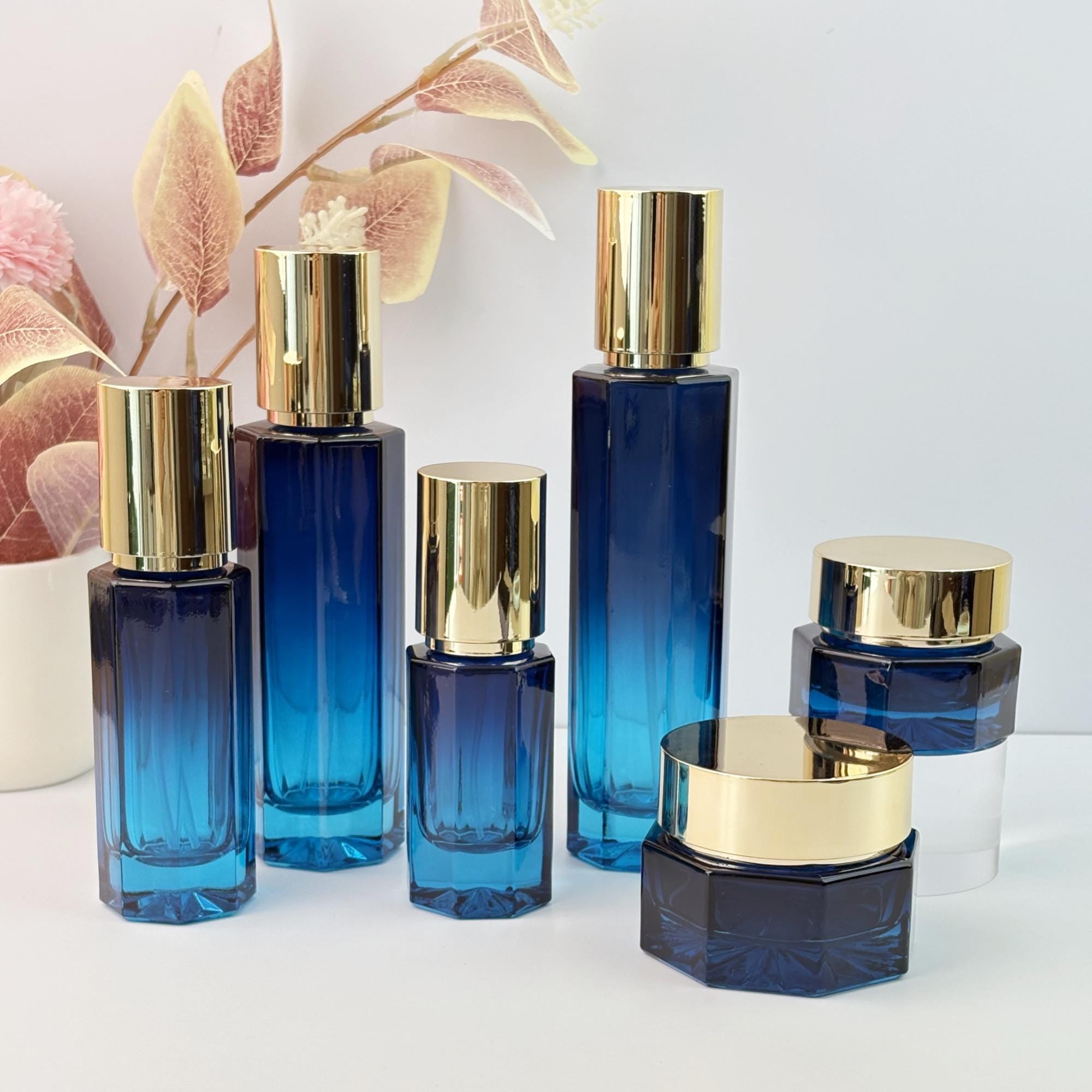Blue Glass Cosmetic Container whit Gold Cap
