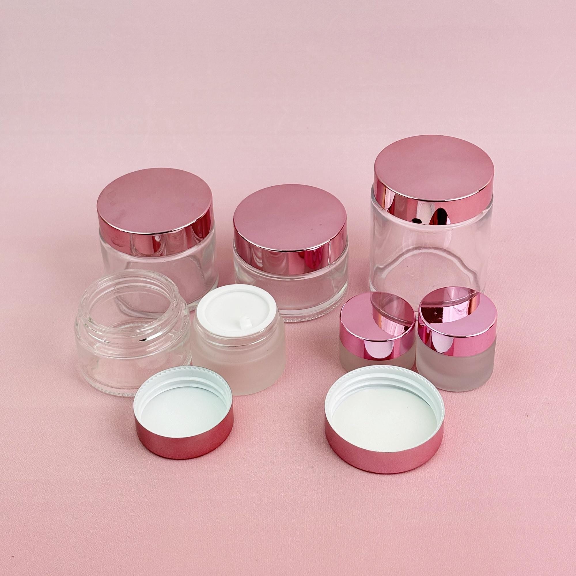 Glass Cream Jars with Rose Gold Plastic Caps