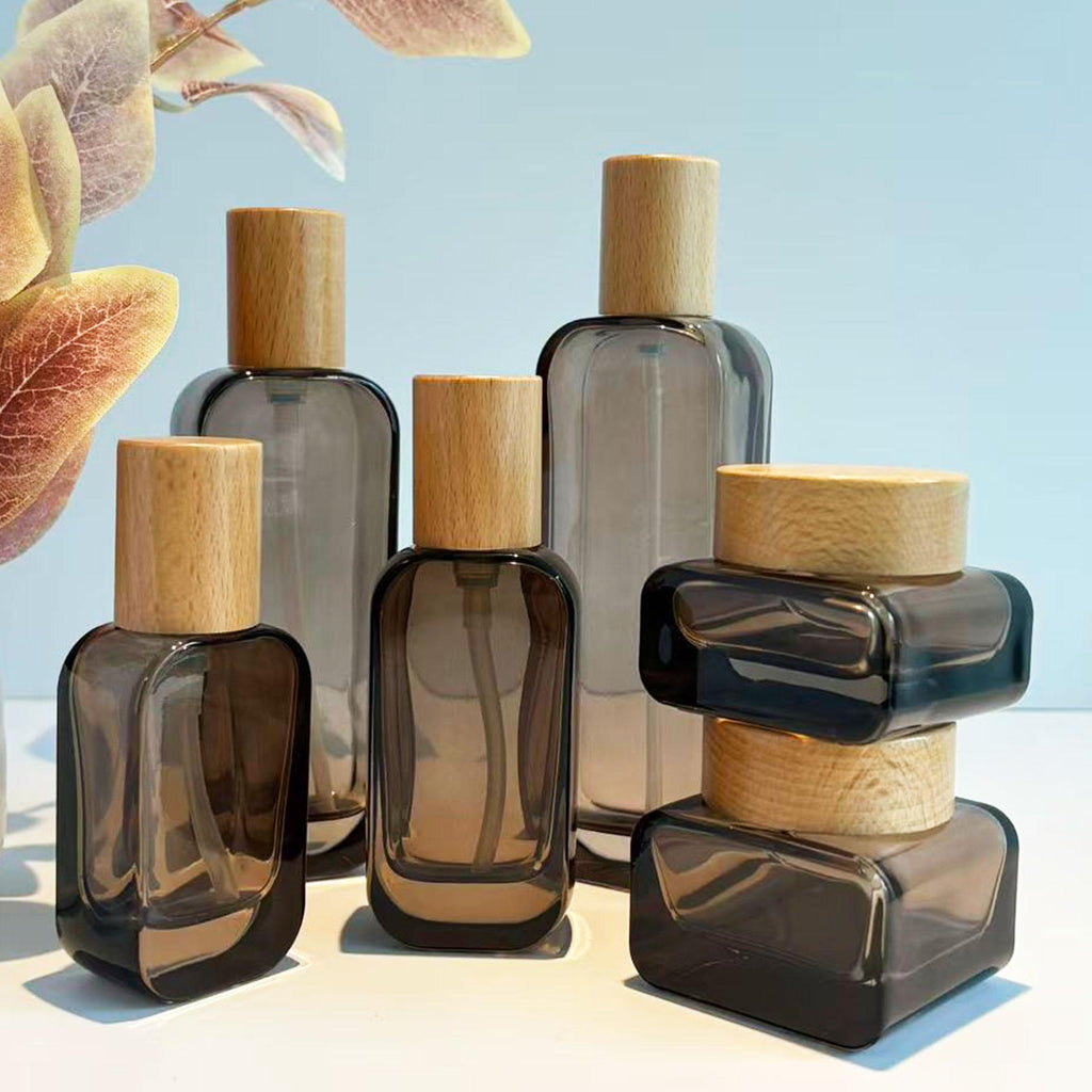 Clear Brown Cosmetic Packaging Set with Natural Wood Cap