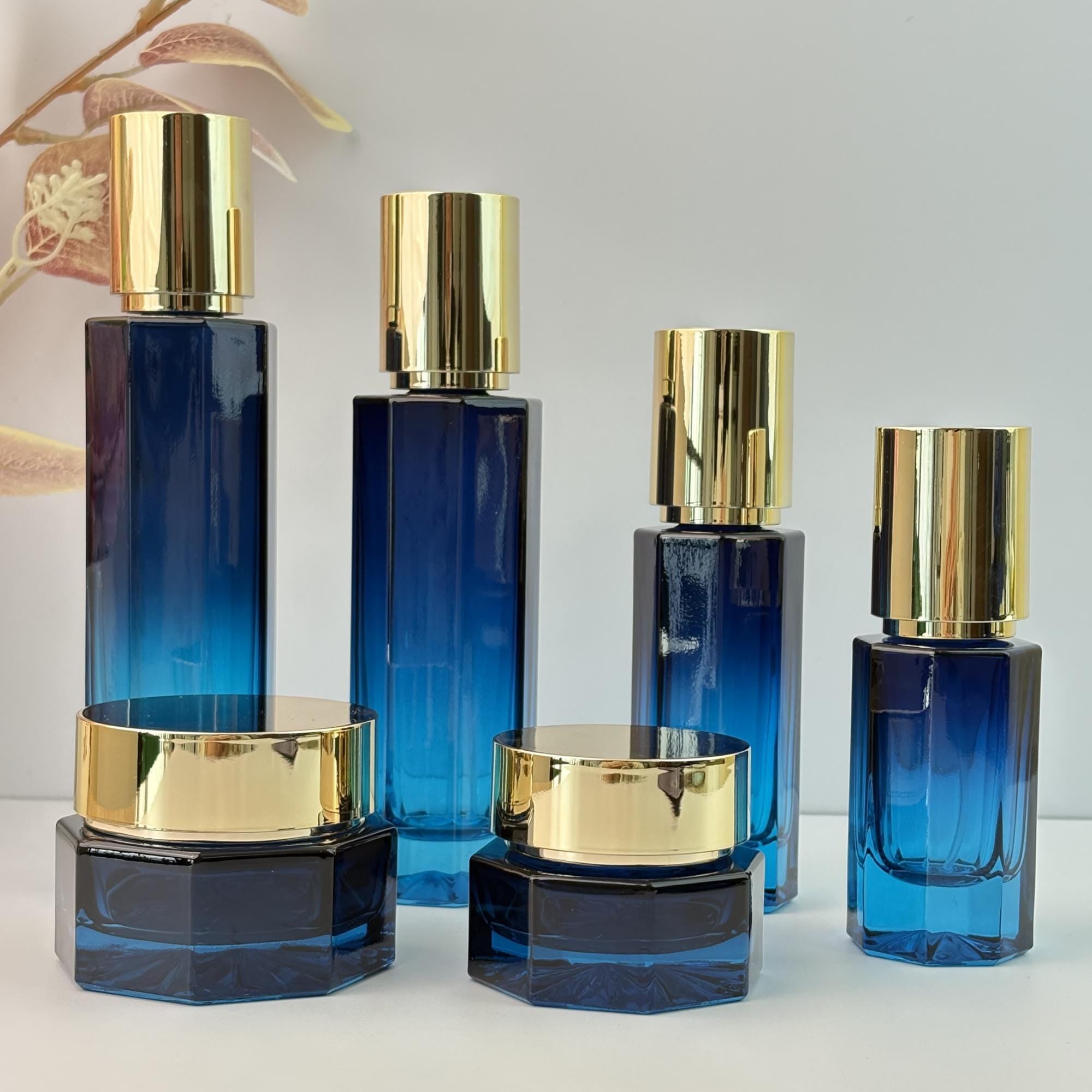 Blue Glass Cosmetic Container whit Gold Cap